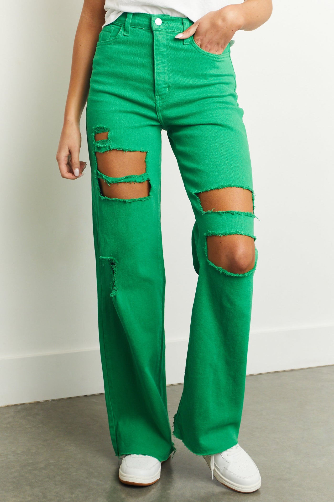 Shamrock Distressed Frayed Hem Wide Leg Jeans