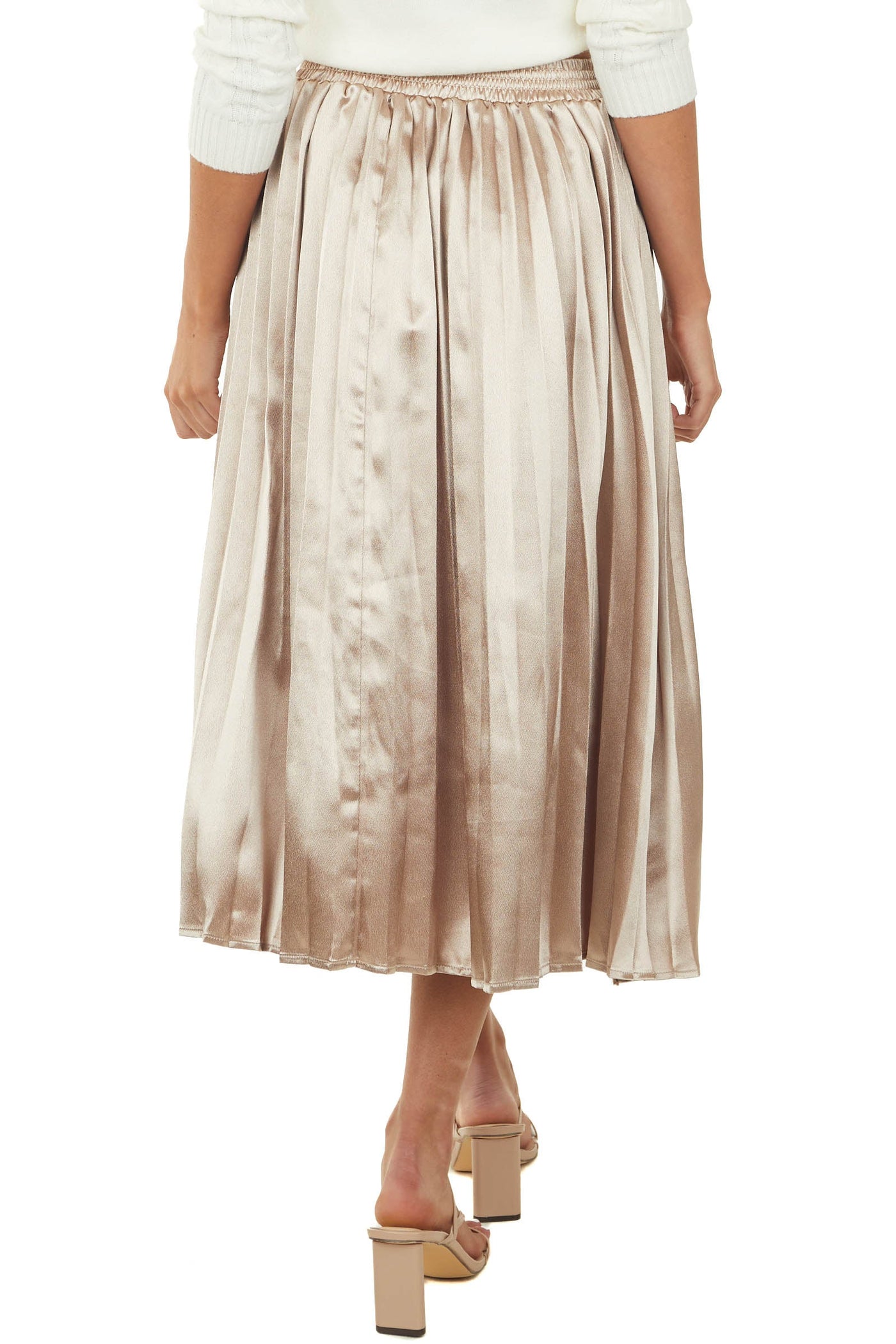 Shiny Gold Satin Pleated Midi Skirt