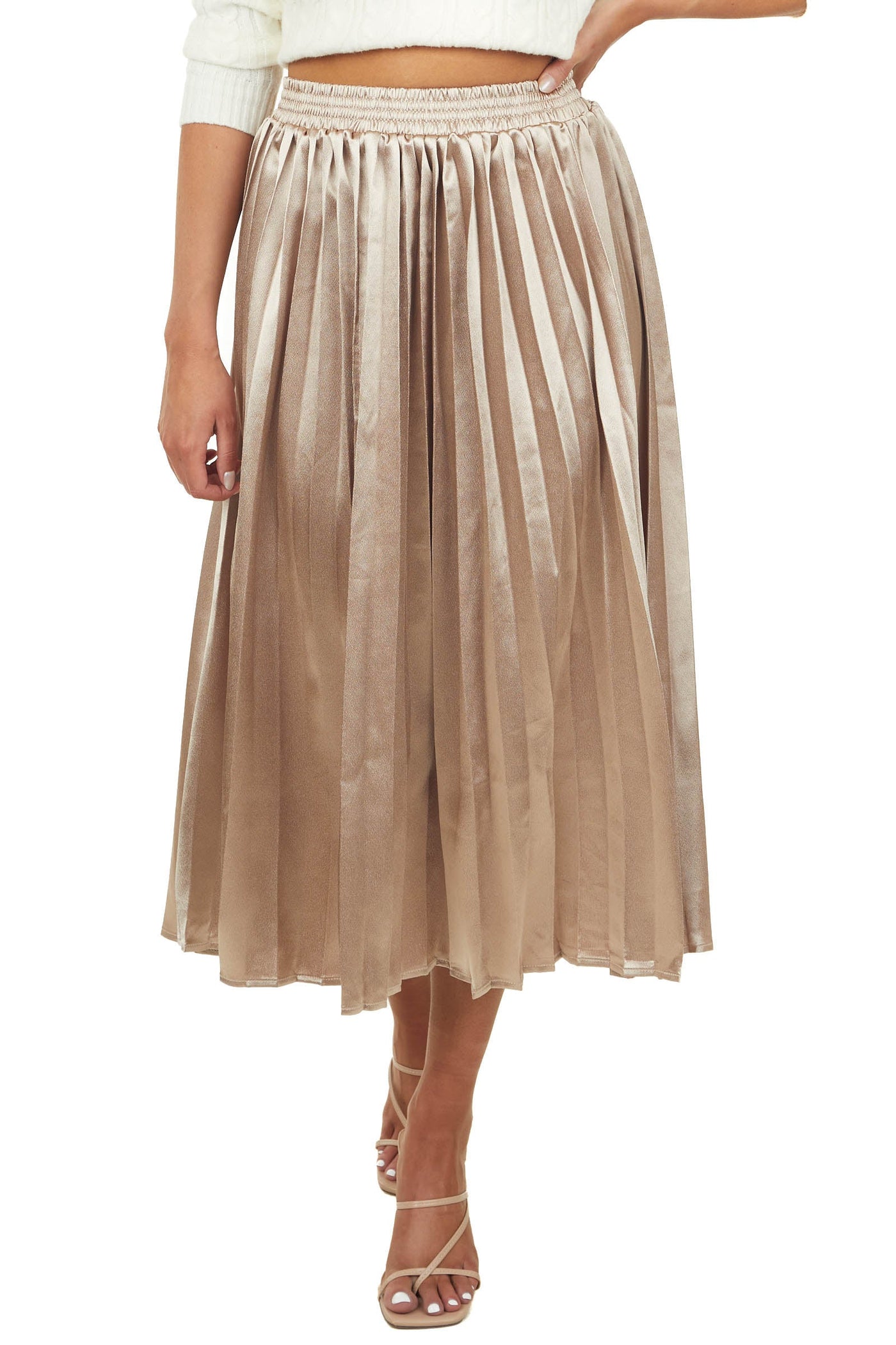 Shiny Gold Satin Pleated Midi Skirt