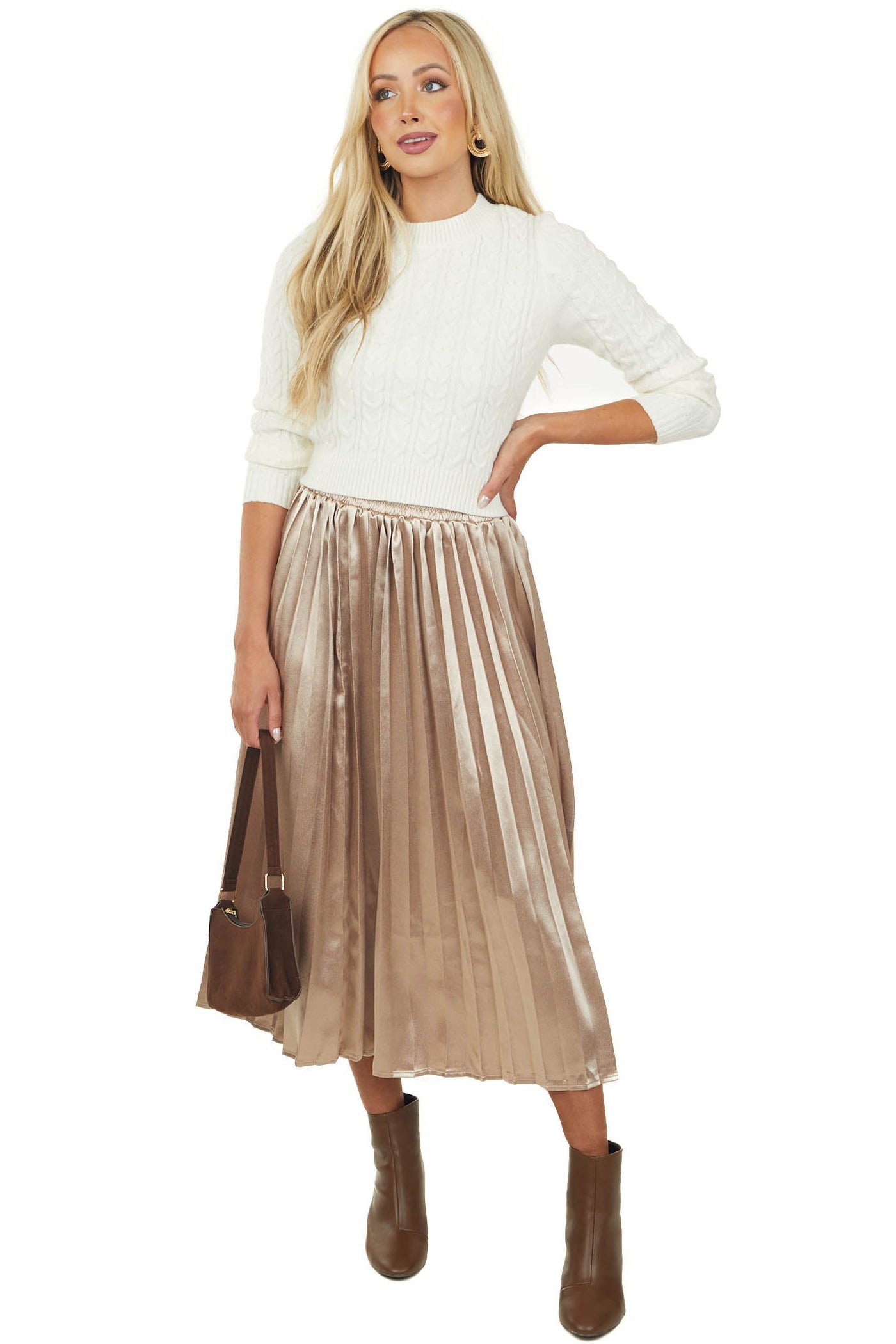 Shiny Gold Satin Pleated Midi Skirt