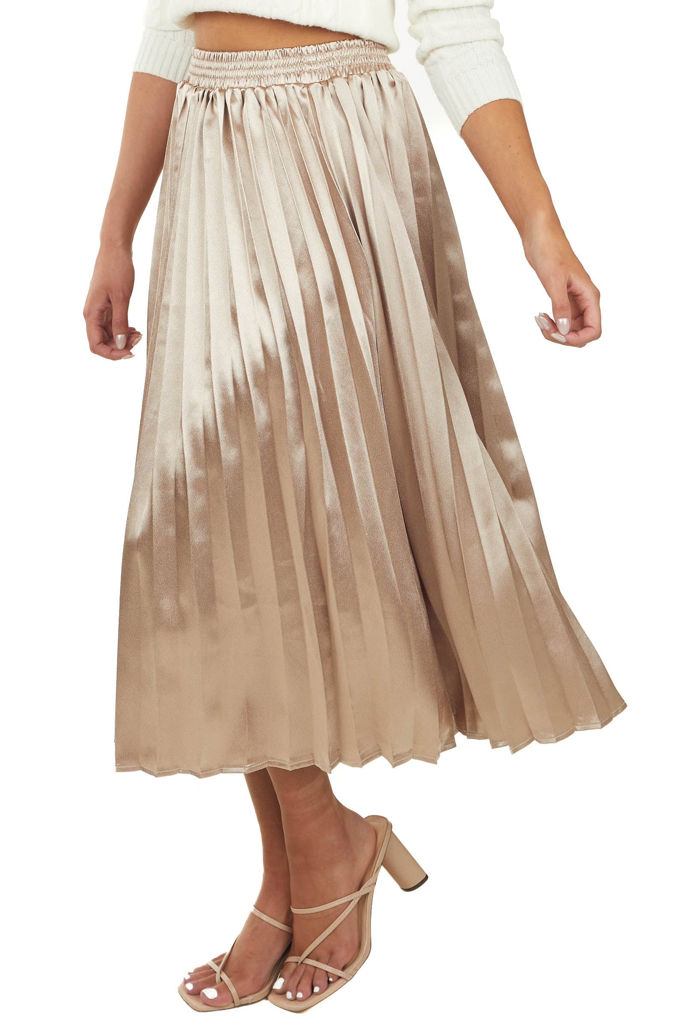 Shiny Gold Satin Pleated Midi Skirt