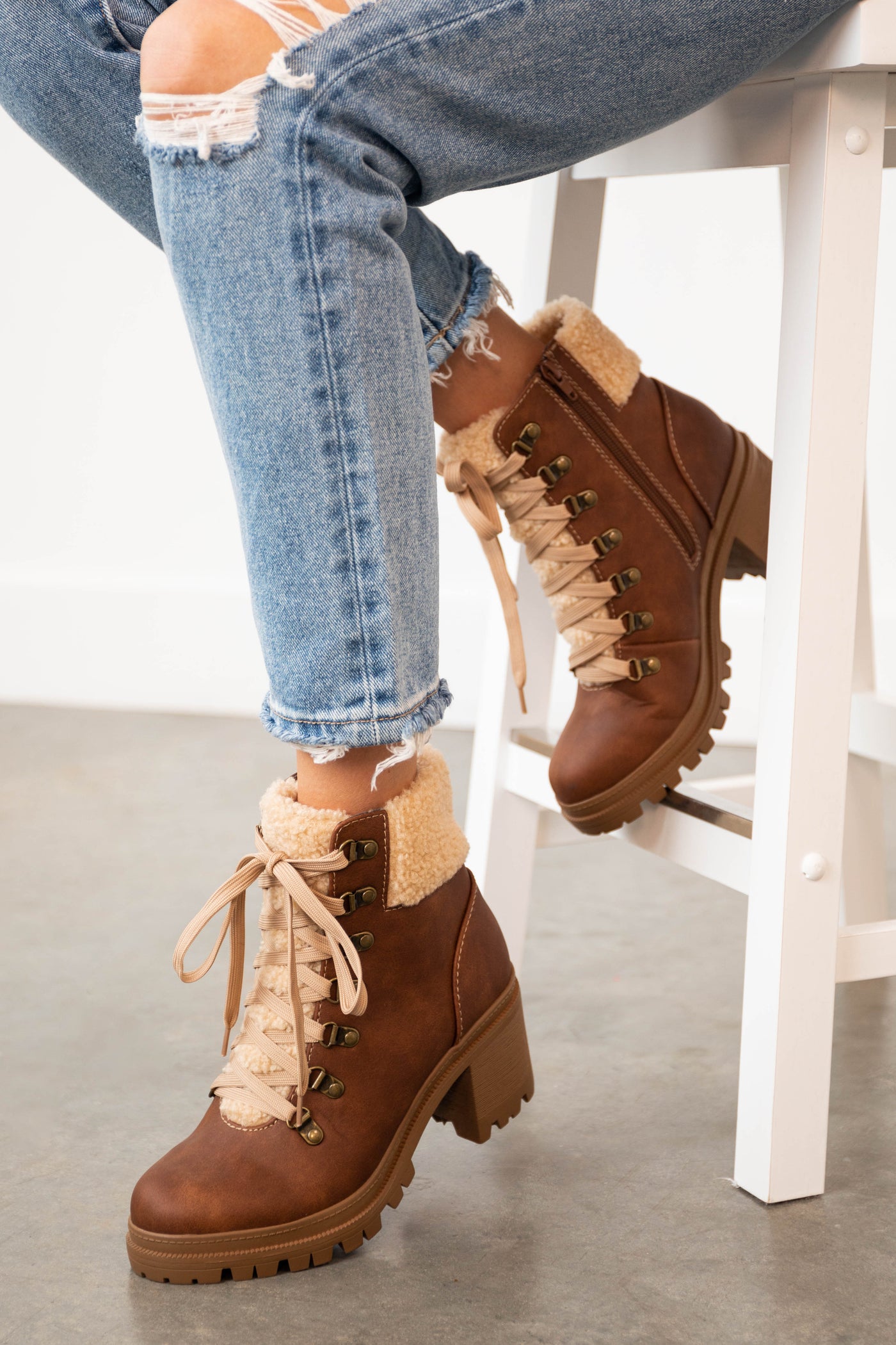 Sienna Lace Up Lug Boots with Faux Fur Detail