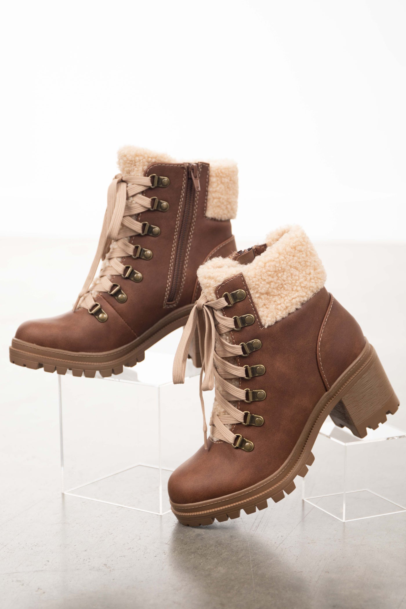Sienna Lace Up Lug Boots with Faux Fur Detail