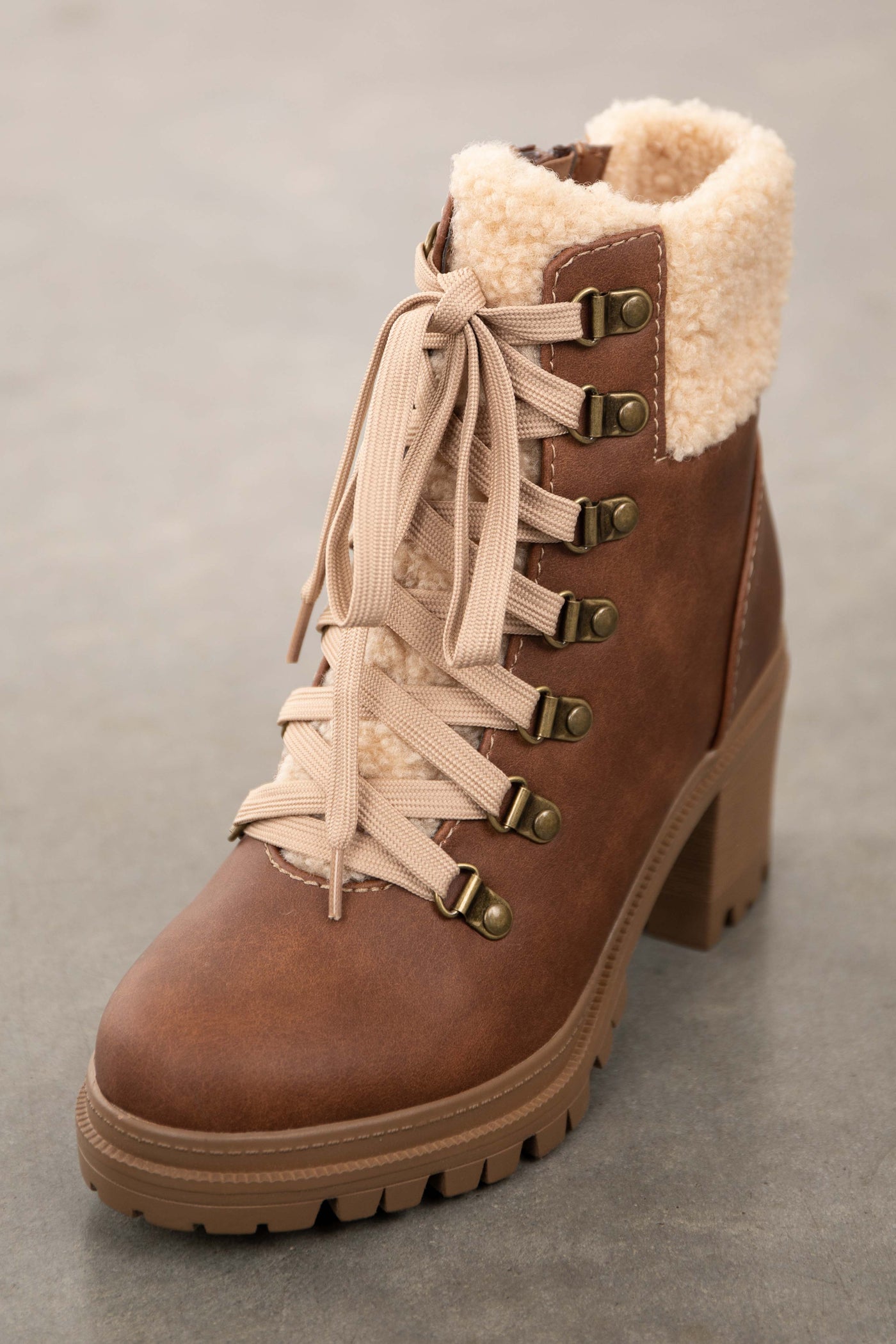 Sienna Lace Up Lug Boots with Faux Fur Detail