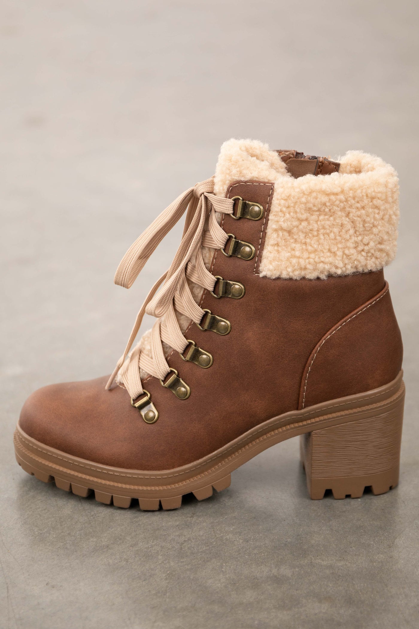 Sienna Lace Up Lug Boots with Faux Fur Detail
