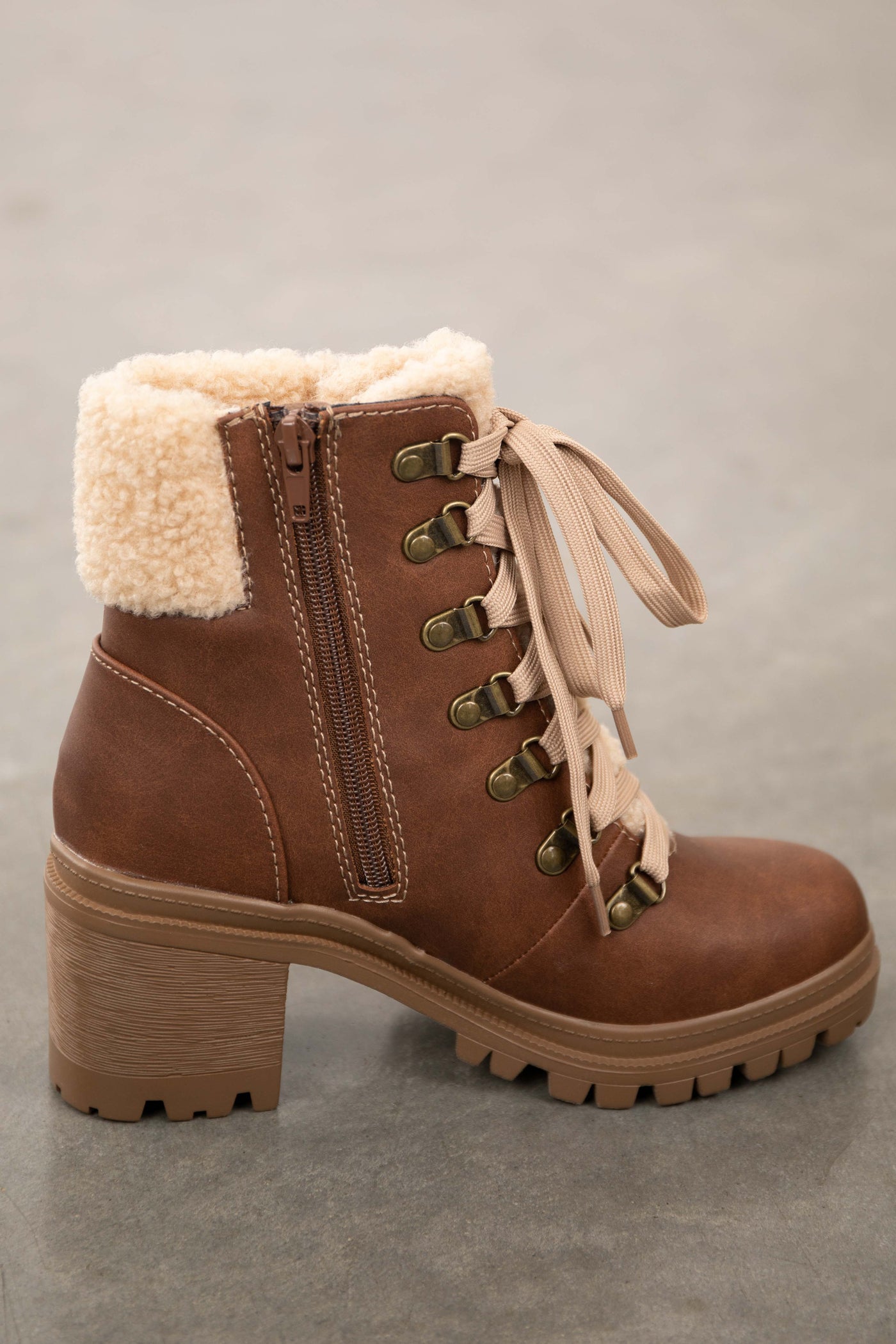 Sienna Lace Up Lug Boots with Faux Fur Detail