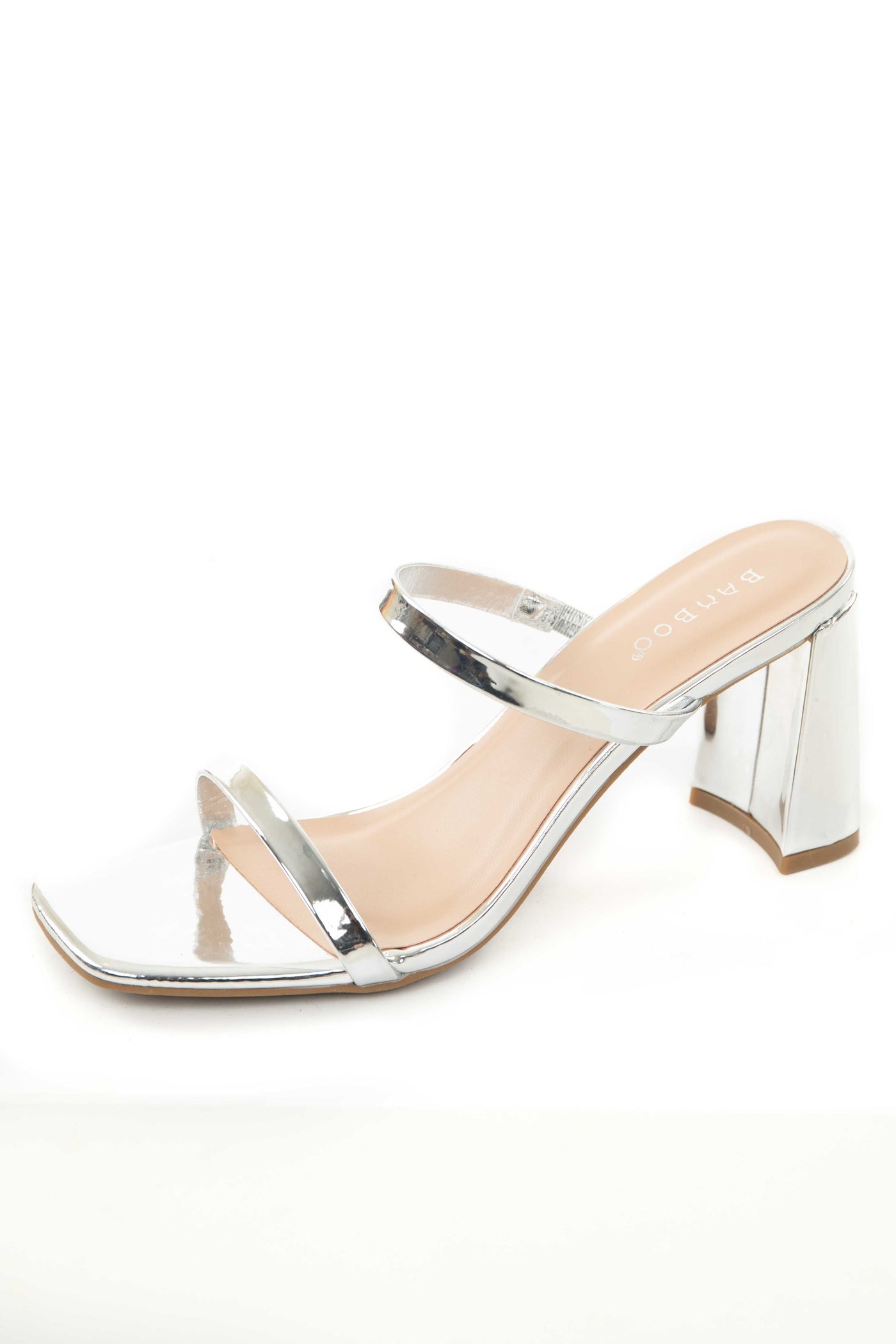 Silver Double Band Open Toe Block Heel Sandel