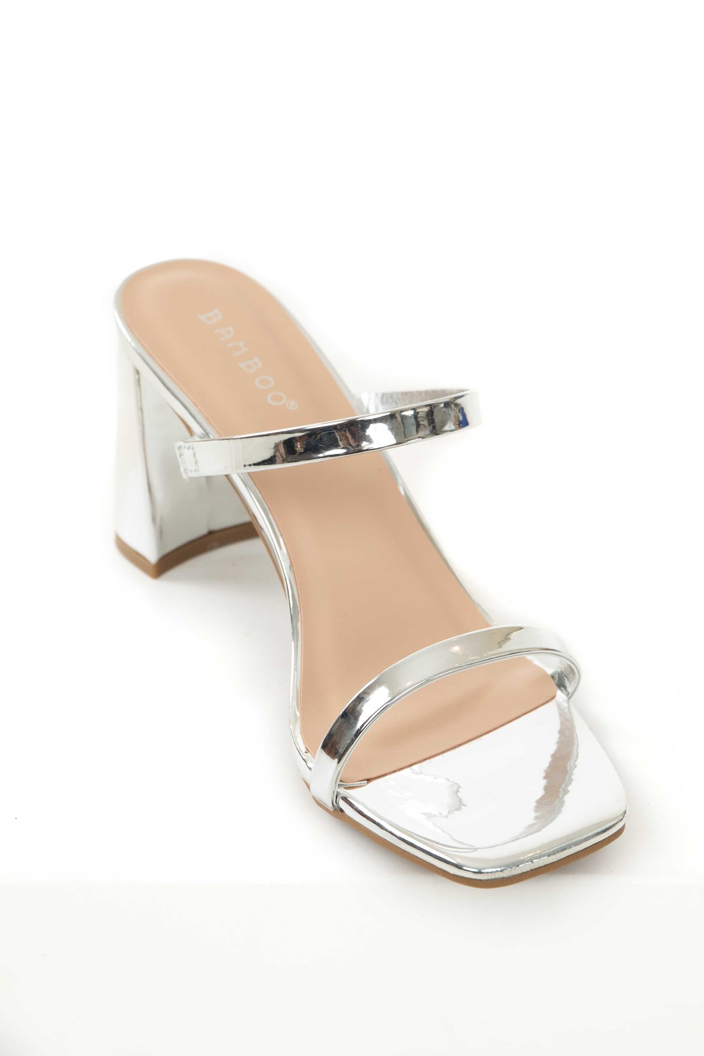 Silver Double Band Open Toe Block Heel Sandal