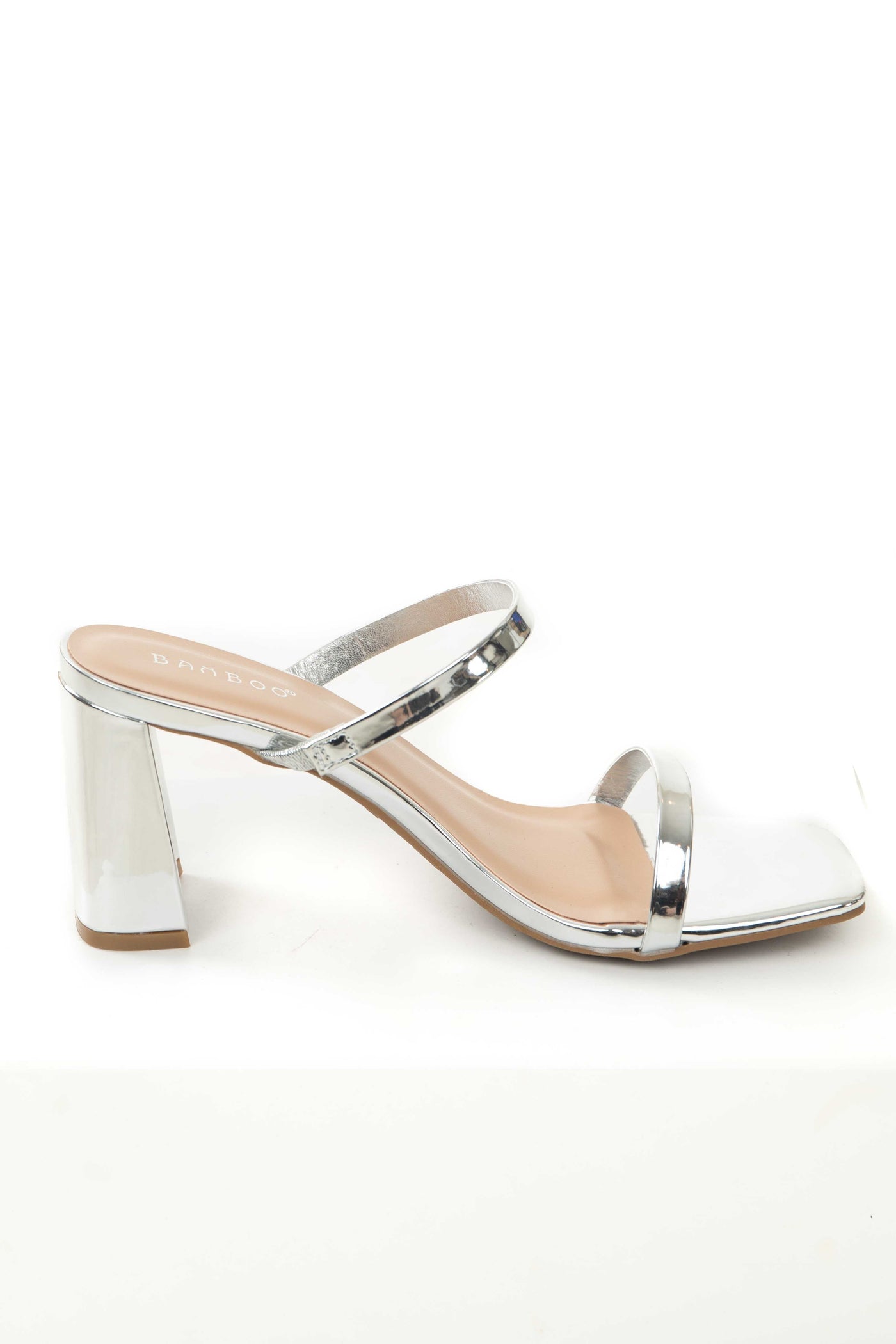 Silver Double Band Open Toe Block Heel Sandel