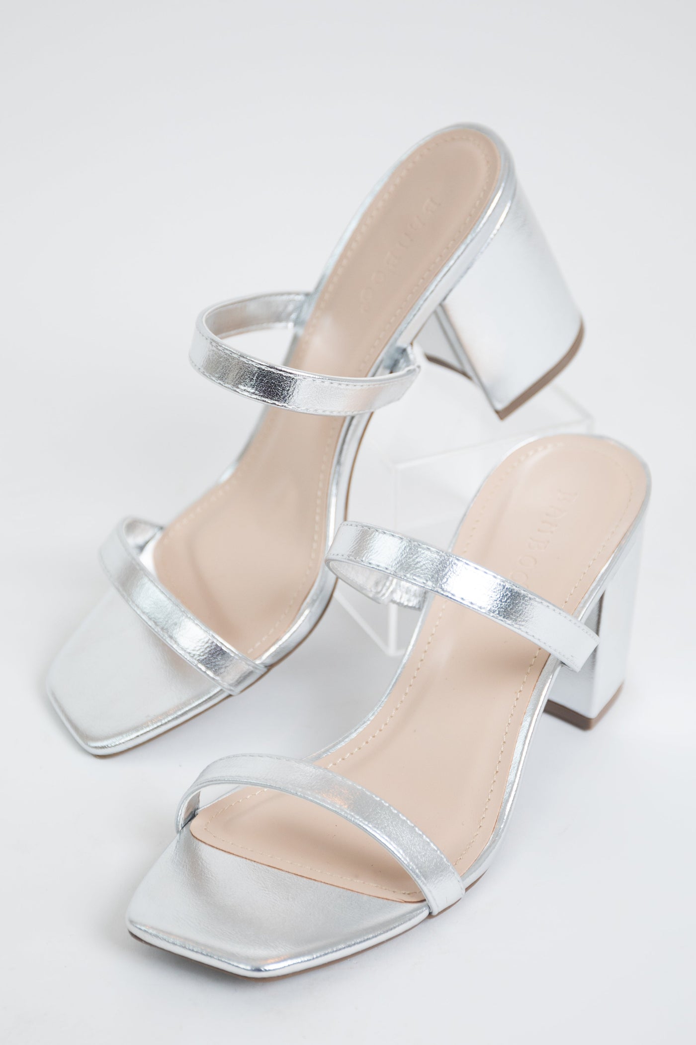 Silver Foil Texture Square Toe Block Heels