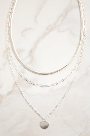 Silver Layered Chain Coin Pendant Necklace