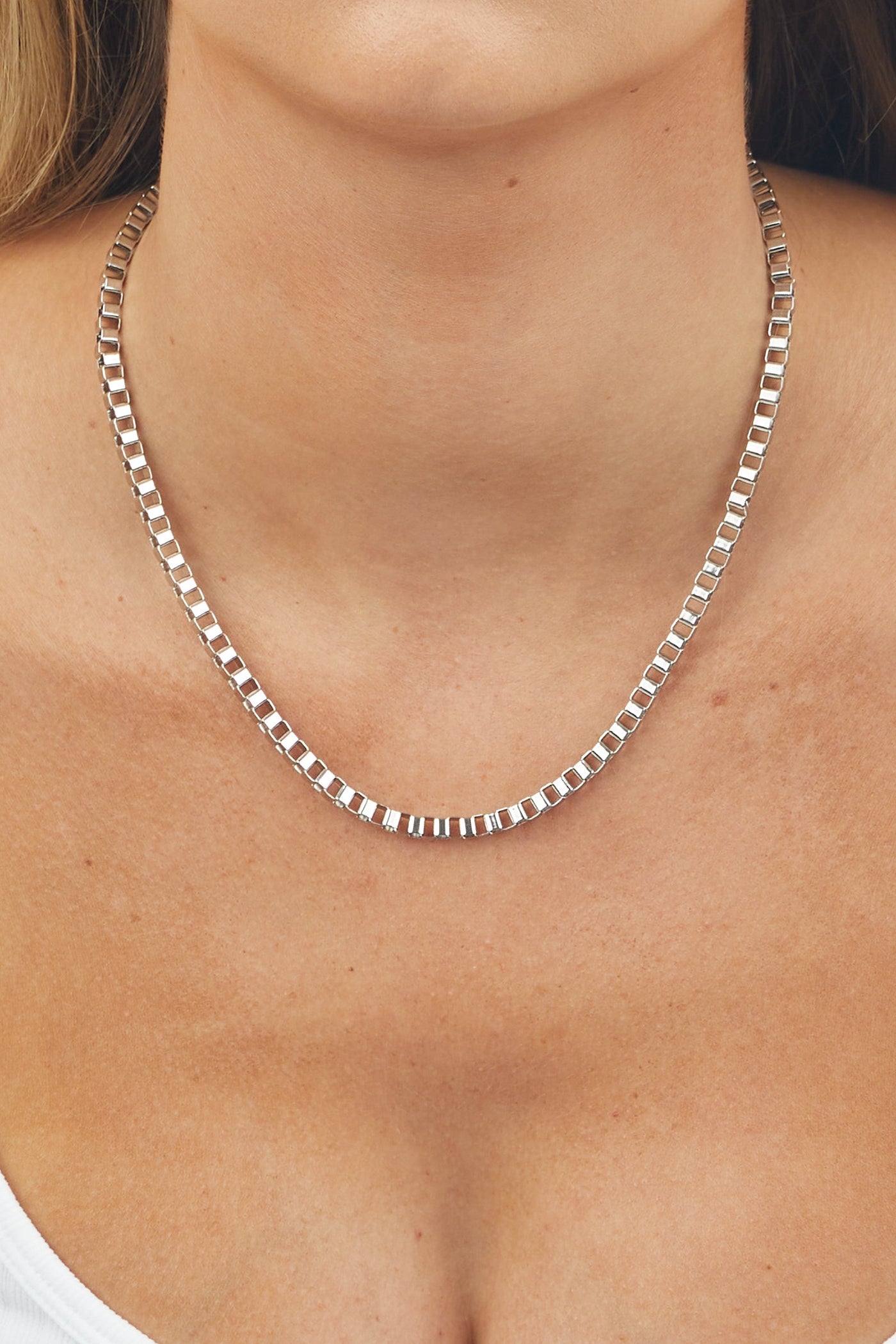 Silver Lobster Claw Closure Box Chain Necklace