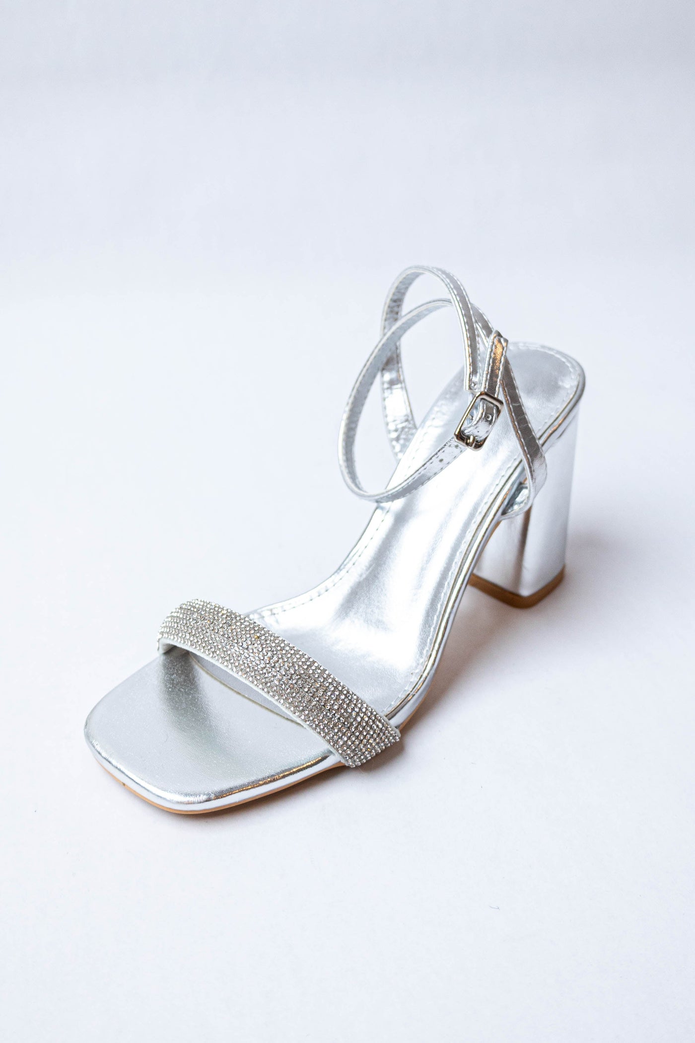 Silver Metallic Block Heel with Rhinestone Band