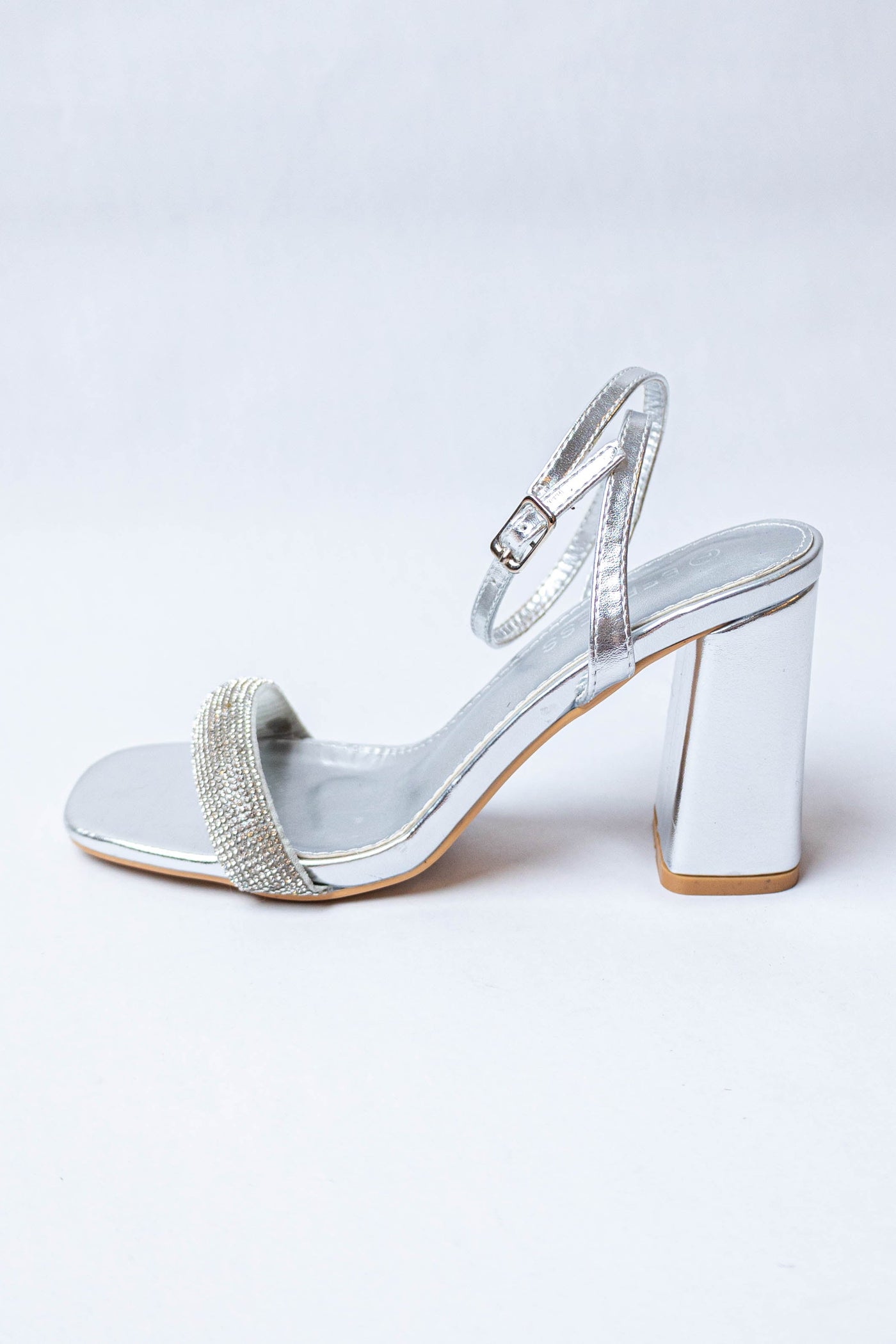 Silver Metallic Block Heel with Rhinestone Band