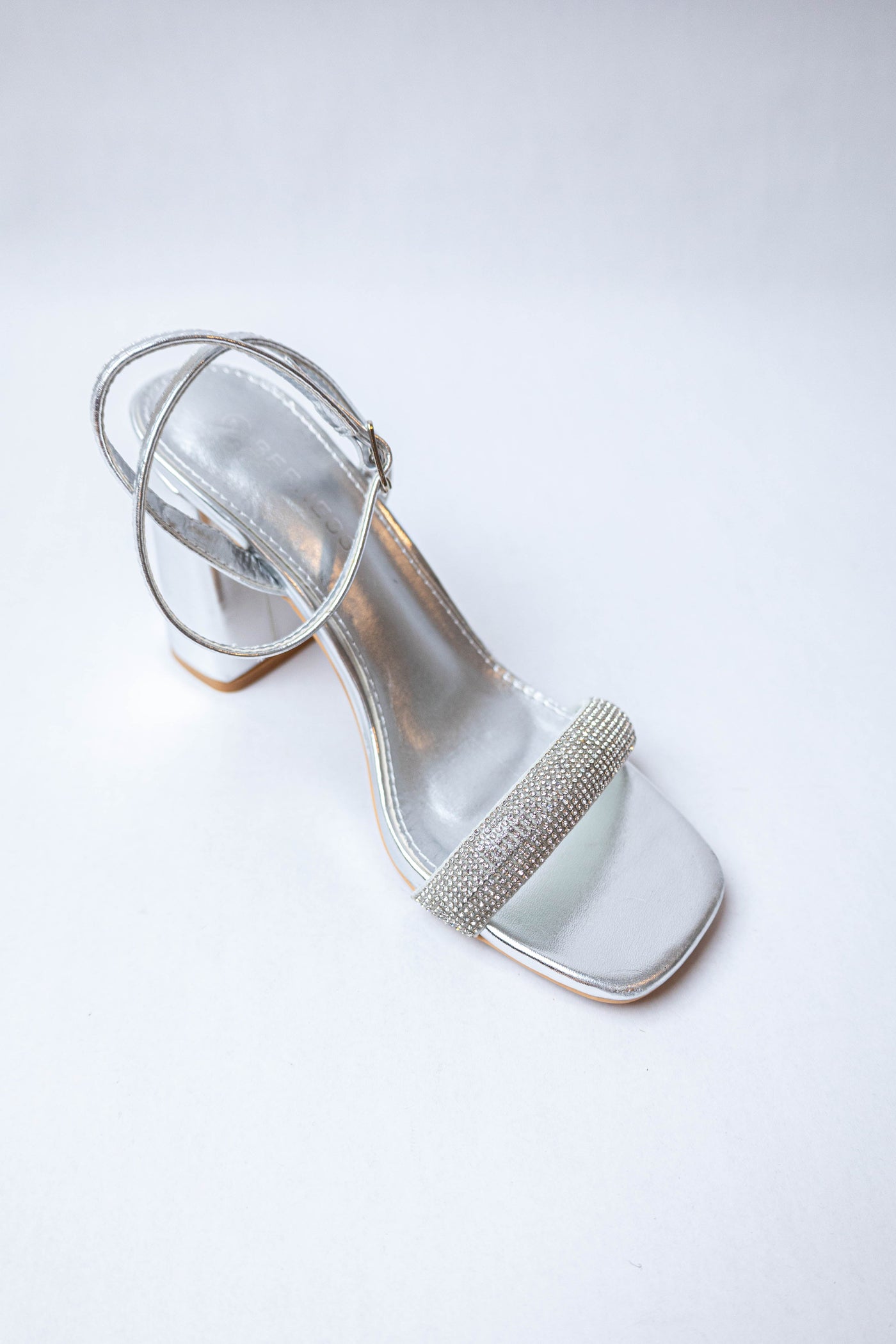 Silver Metallic Block Heel with Rhinestone Band