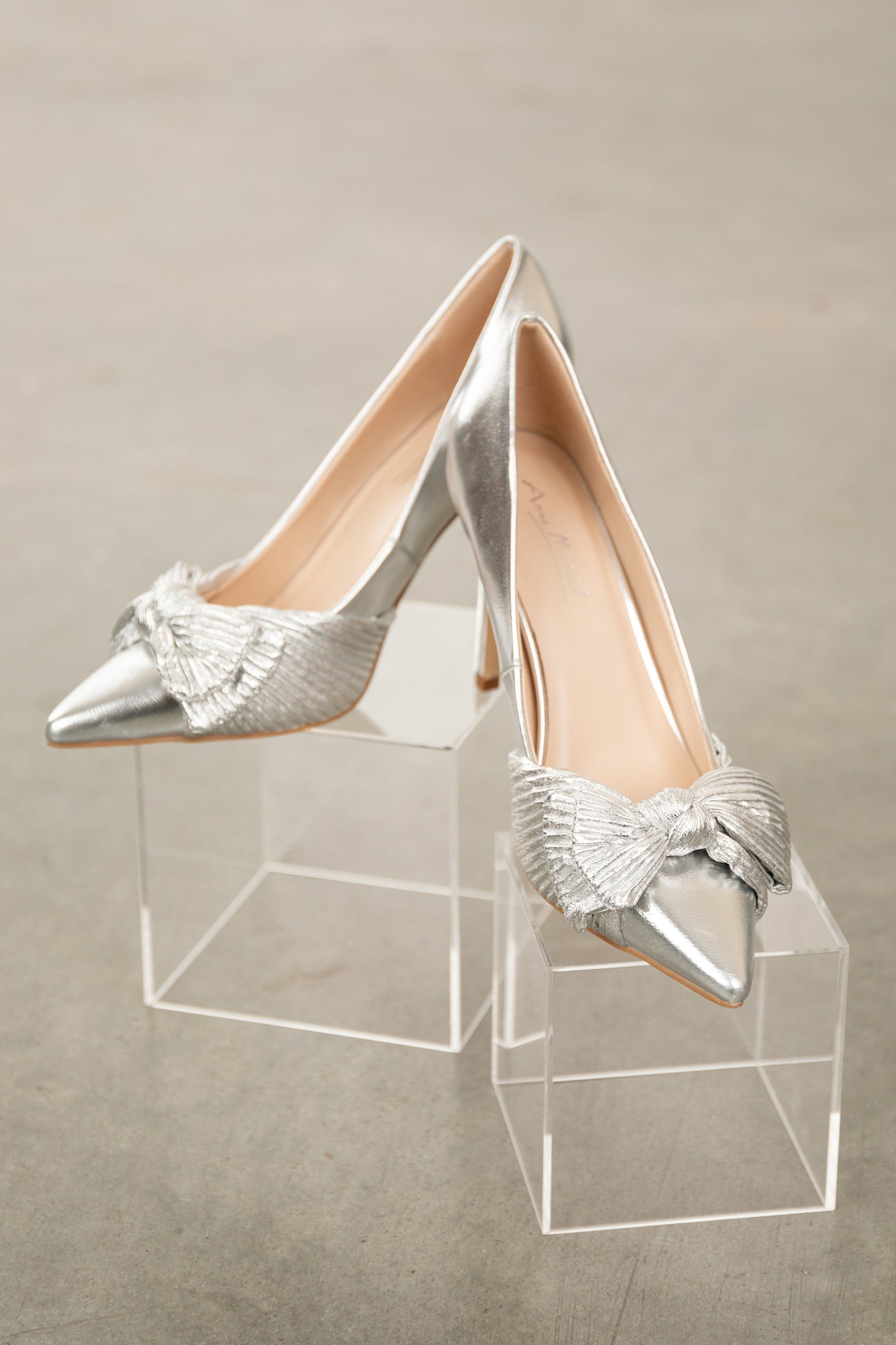 Silver Metallic Pointed Toe Heels with Bow Detail