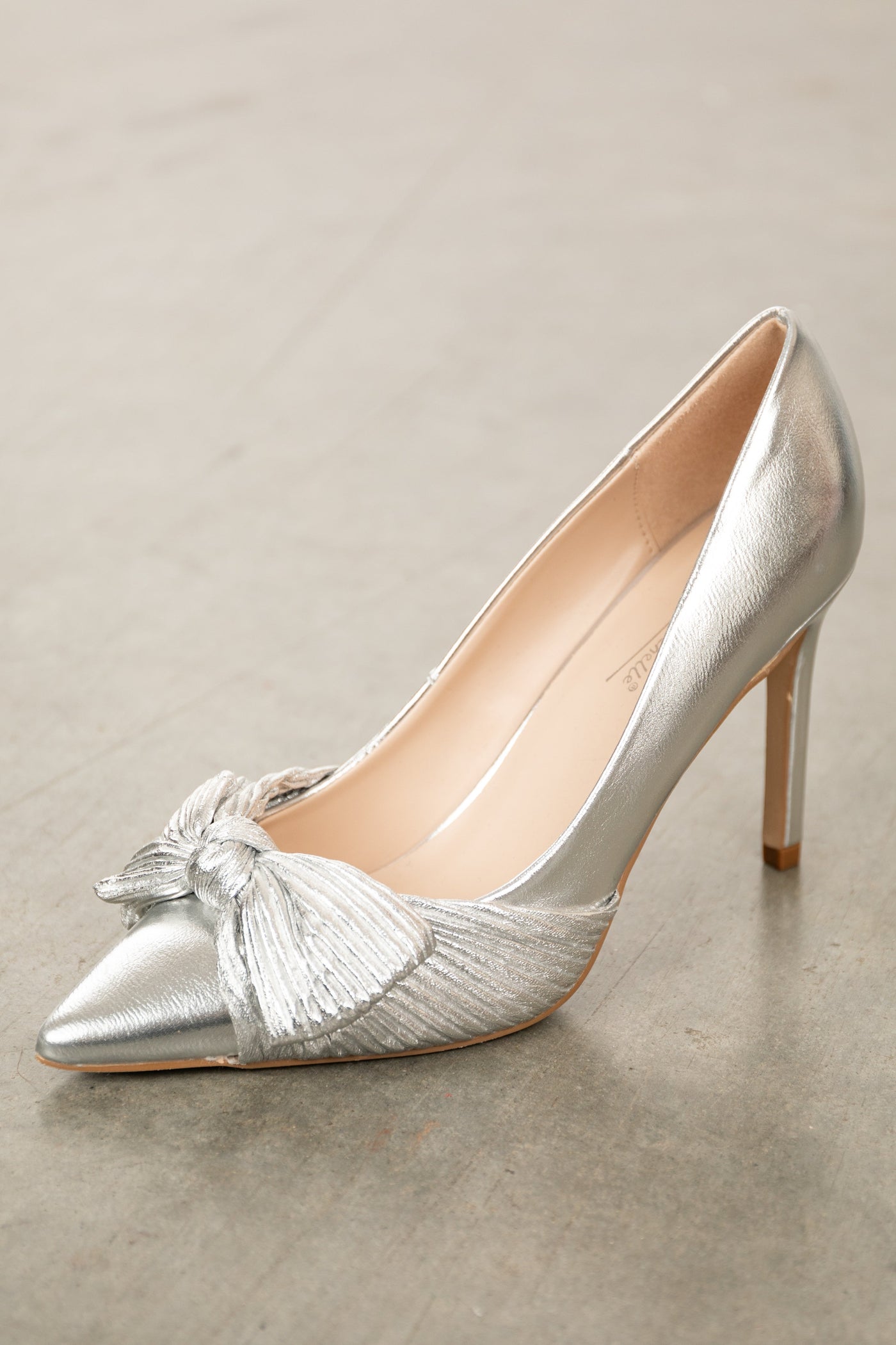 Silver Metallic Pointed Toe Heels with Bow Detail