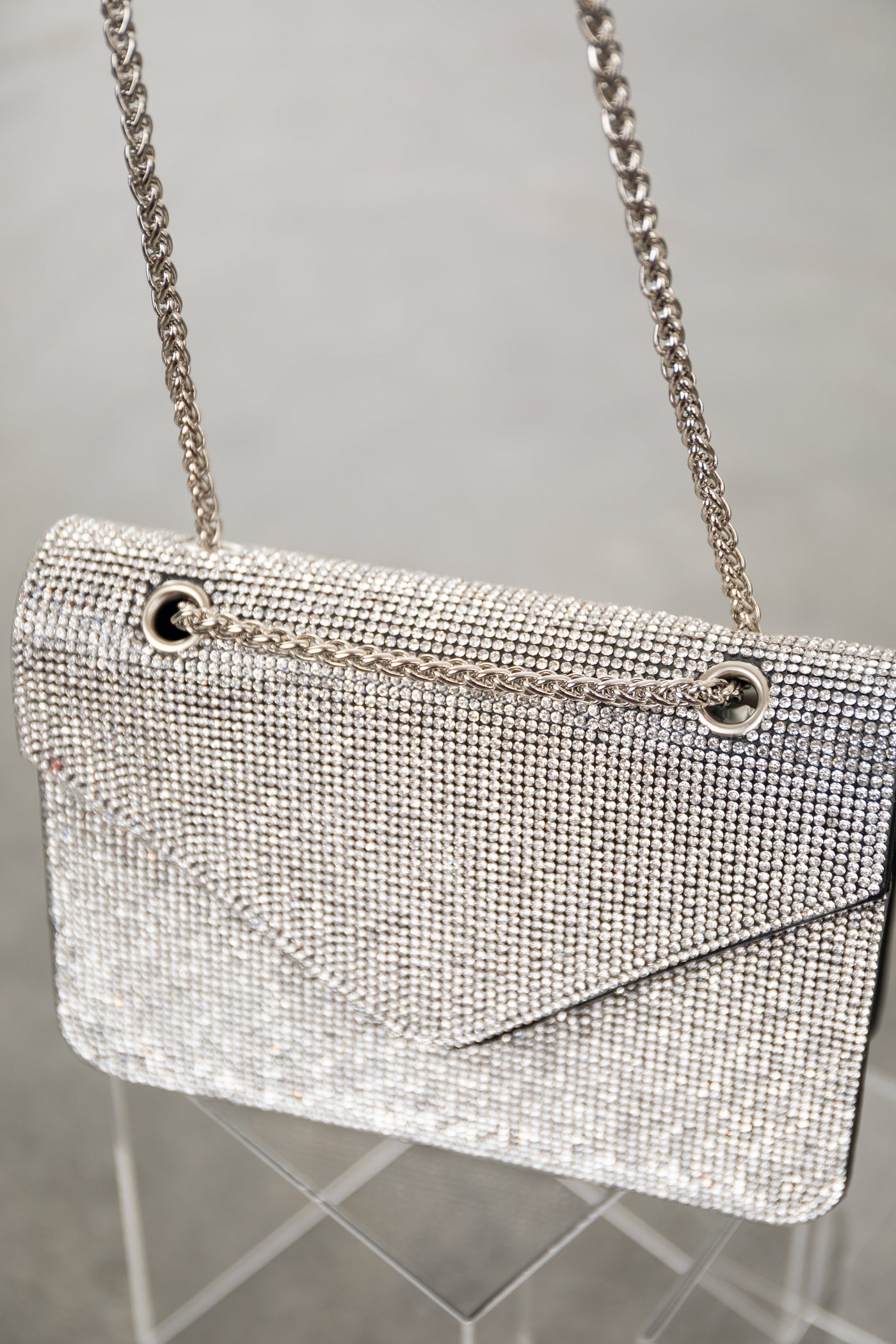 Silver Rhinestone Chain Strap Flap Purse