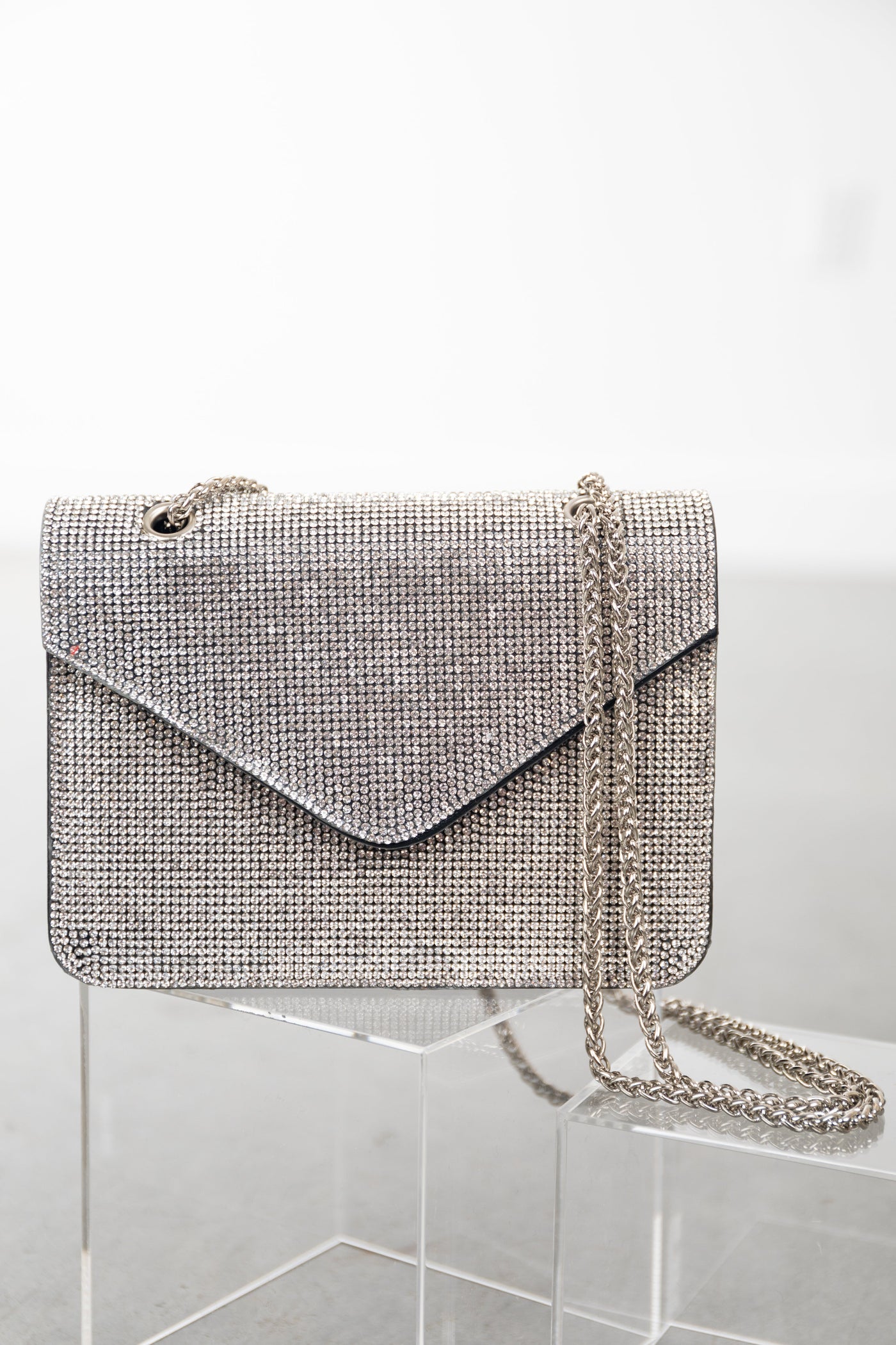 Silver Rhinestone Chain Strap Flap Purse