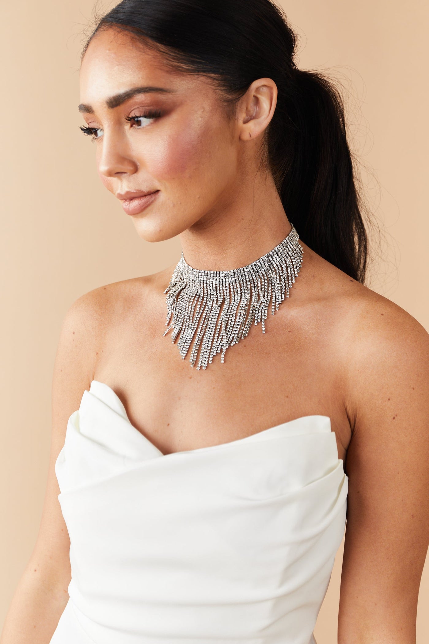Silver Rhinestone Fringe Choker Necklace