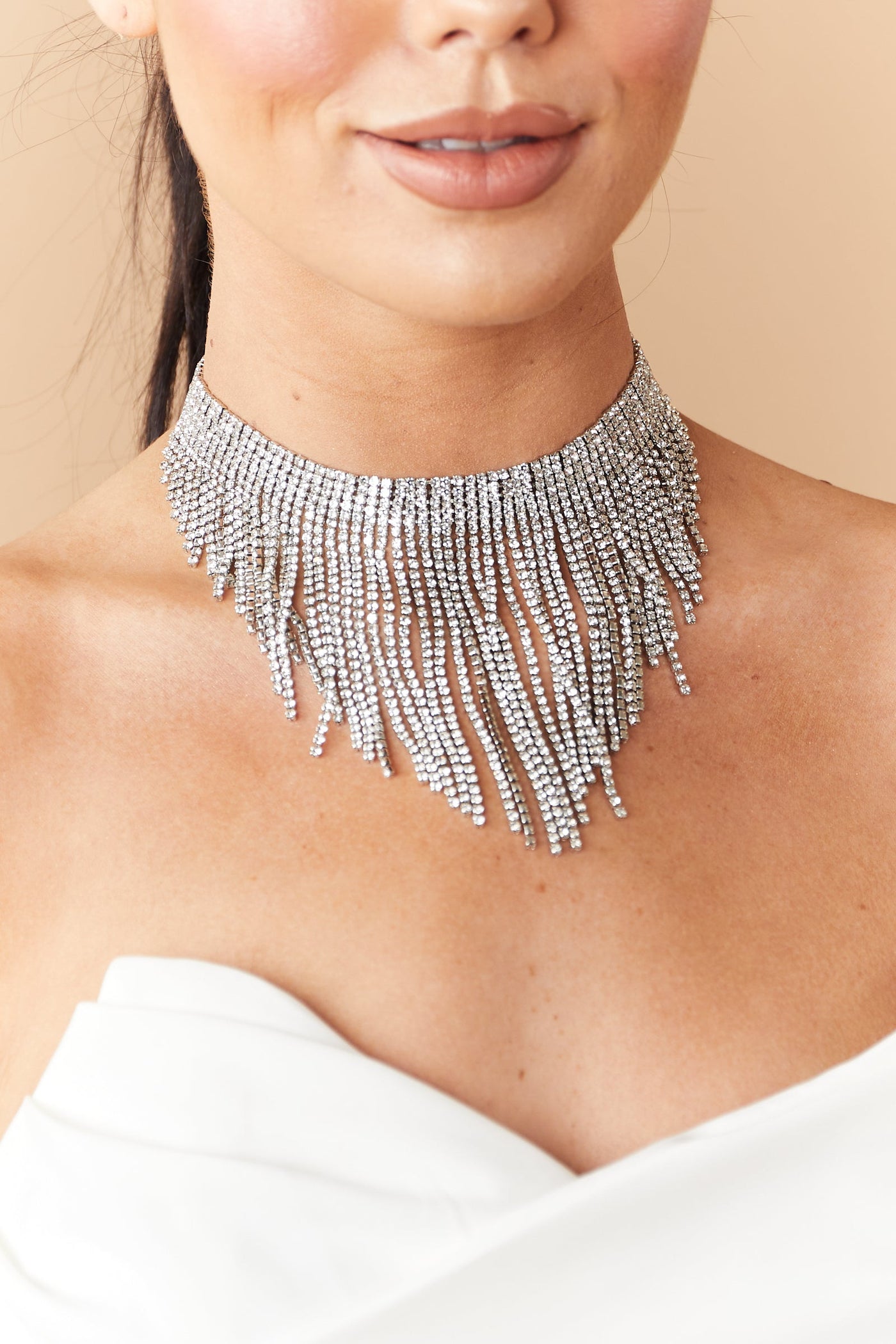 Silver Rhinestone Fringe Choker Necklace