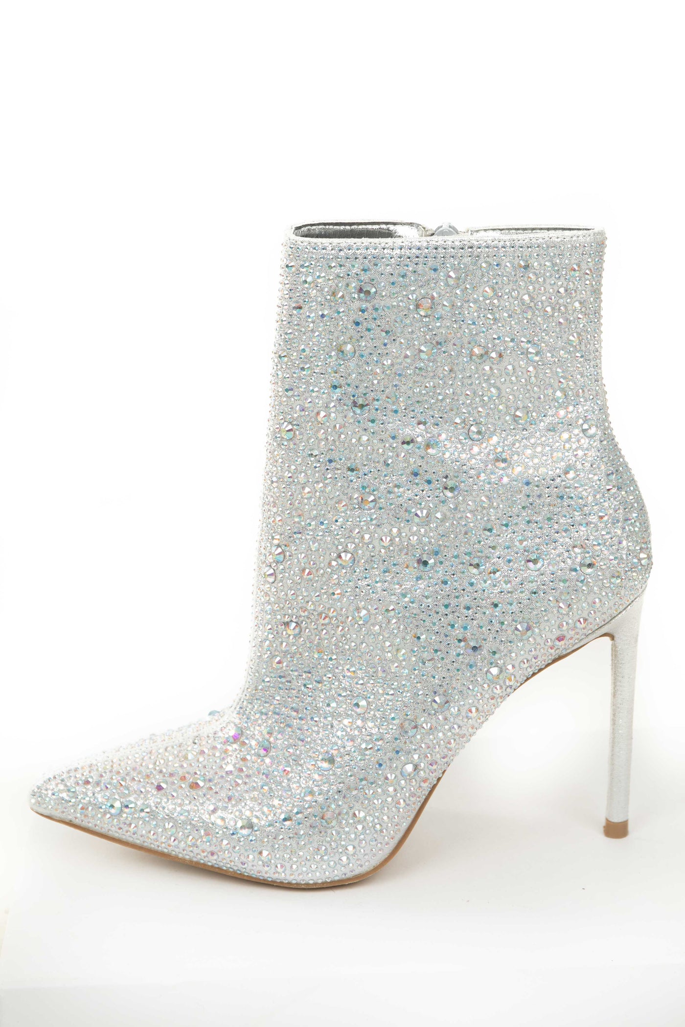 Silver Rhinestone Pointed Toe Stiletto Booties