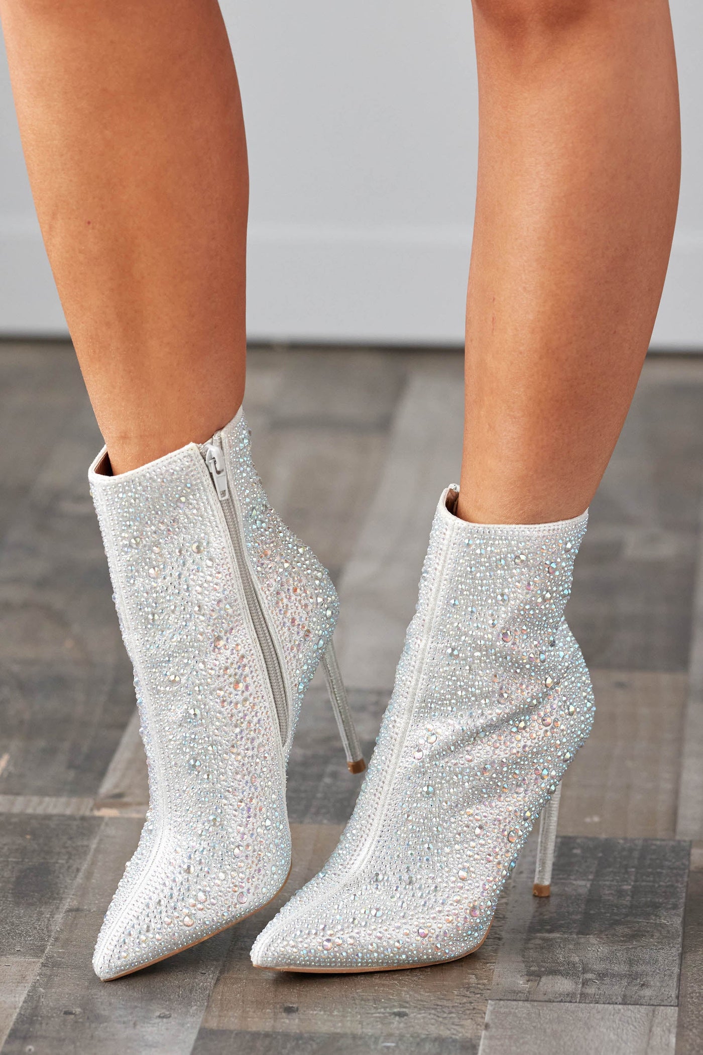 Silver Rhinestone Pointed Toe Stiletto Booties