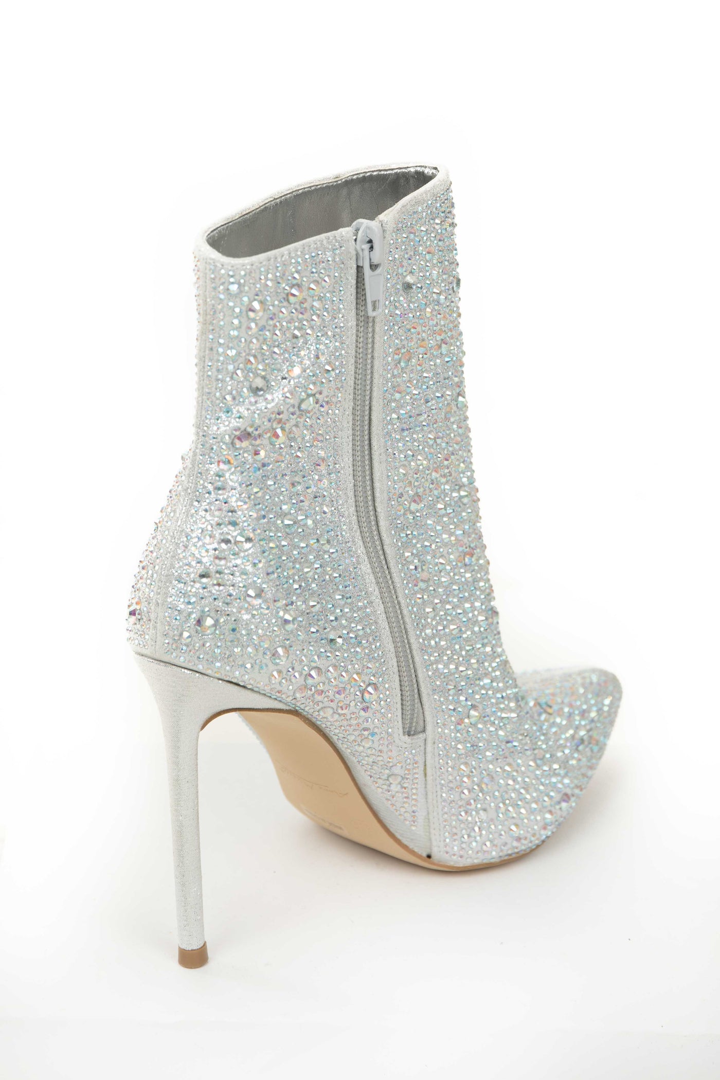Silver Rhinestone Pointed Toe Stiletto Booties