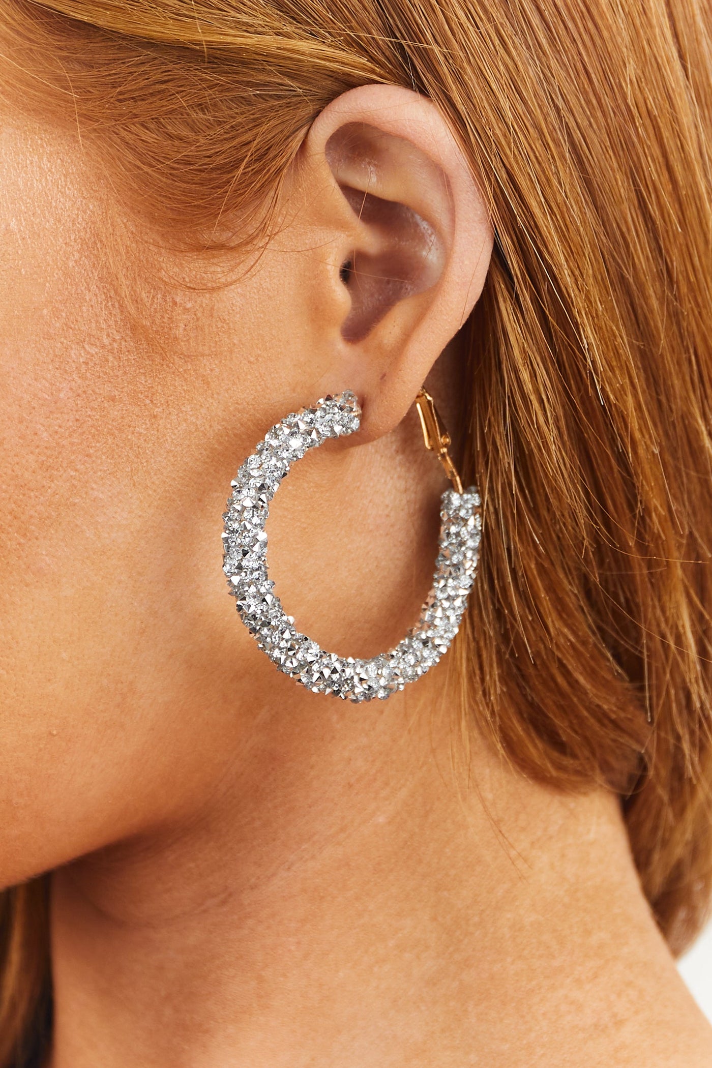Silver Rhinestone Studded Hoop Earrings