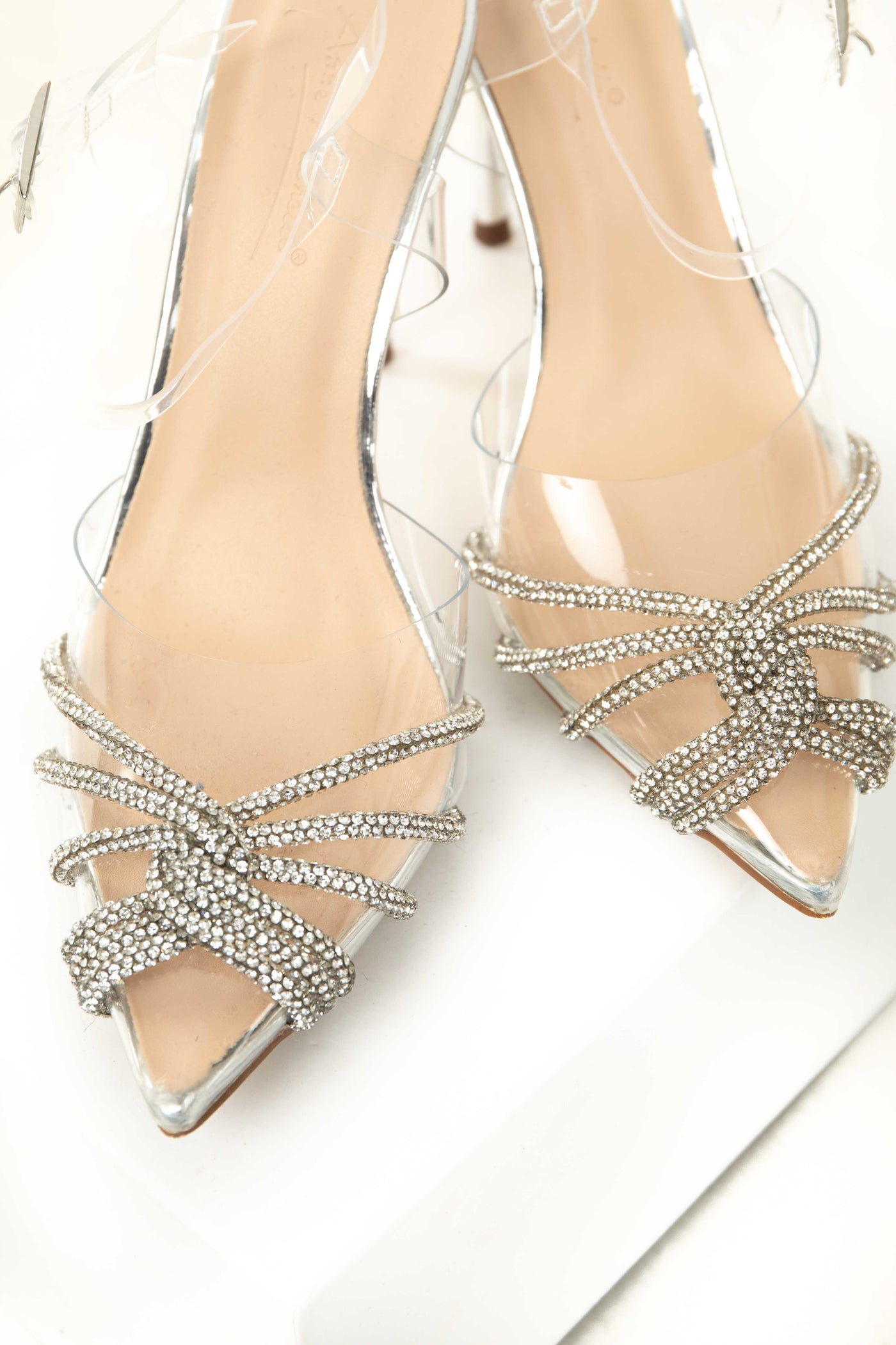 Silver Rhinestone Twist Lucite Stiletto Heels