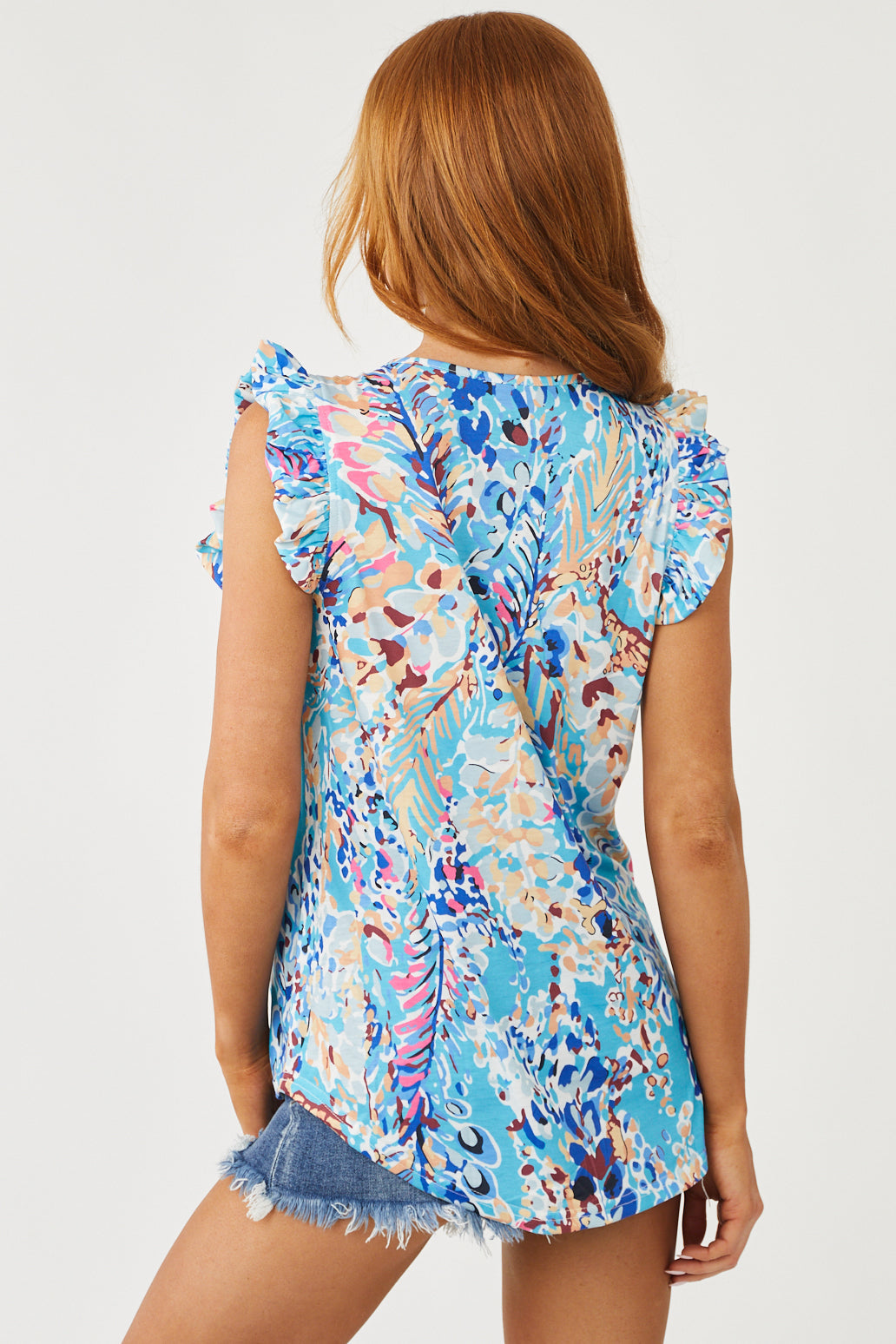 Sky Blue Abstract Print Ruffle Trim Tank Top