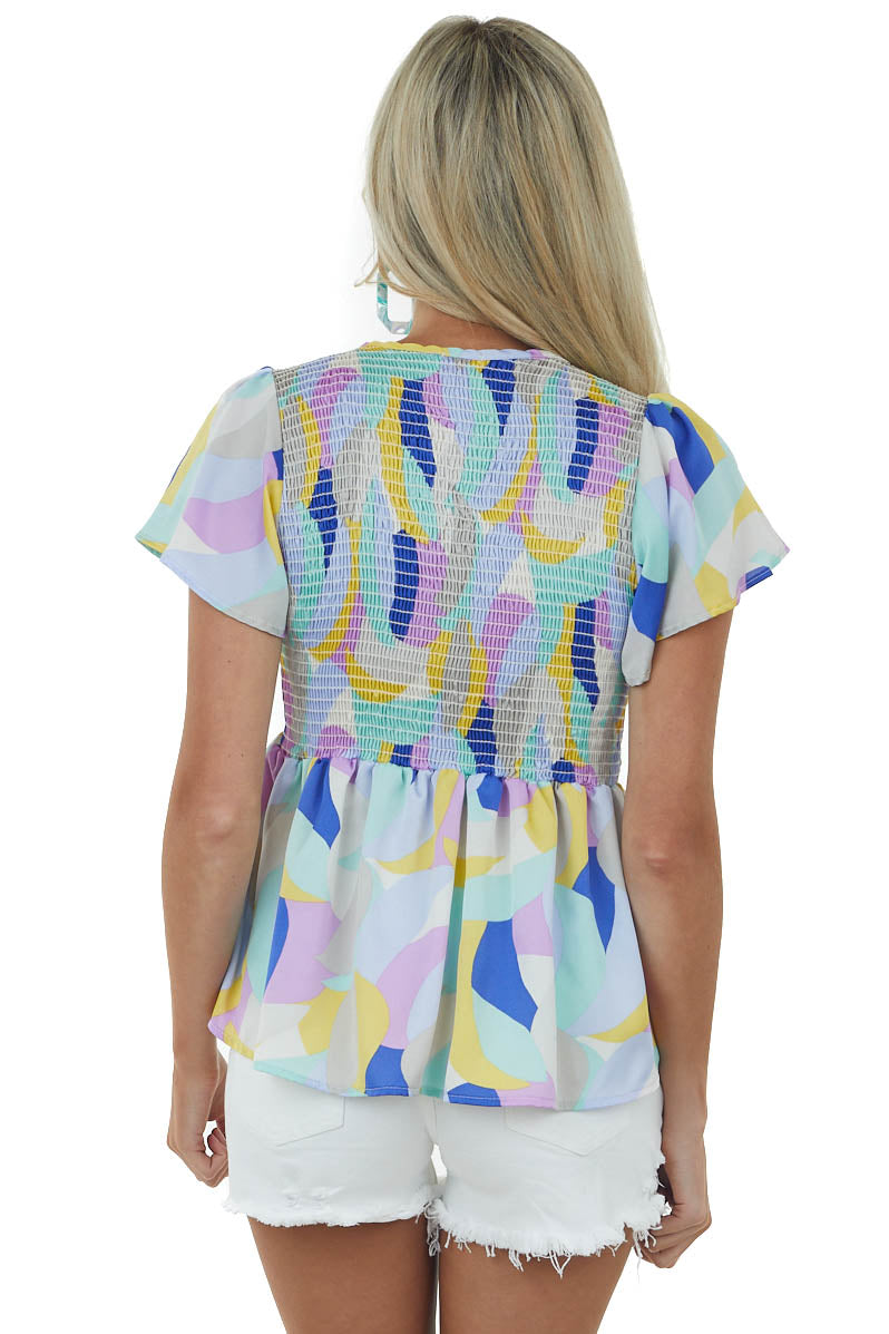 Sky Blue Abstract Print Short Sleeve Smocked Top