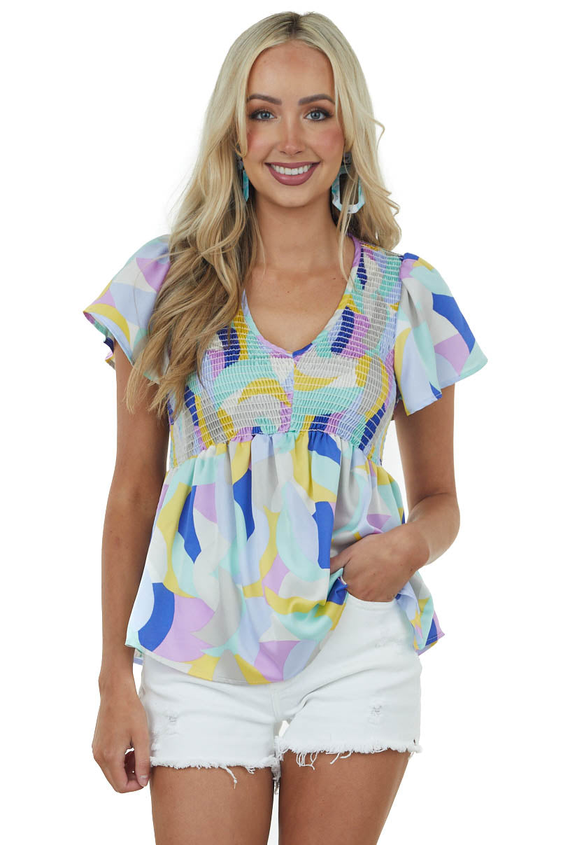 Sky Blue Abstract Print Short Sleeve Smocked Top