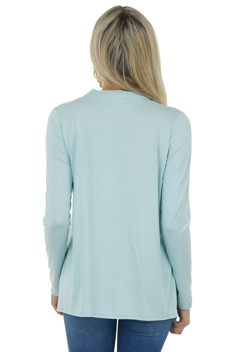 Sky Blue Chest Cut Out Stretchy Knit Top with Long Sleeves