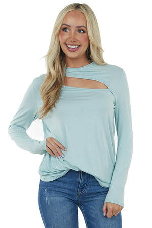 Sky Blue Chest Cut Out Stretchy Knit Top with Long Sleeves