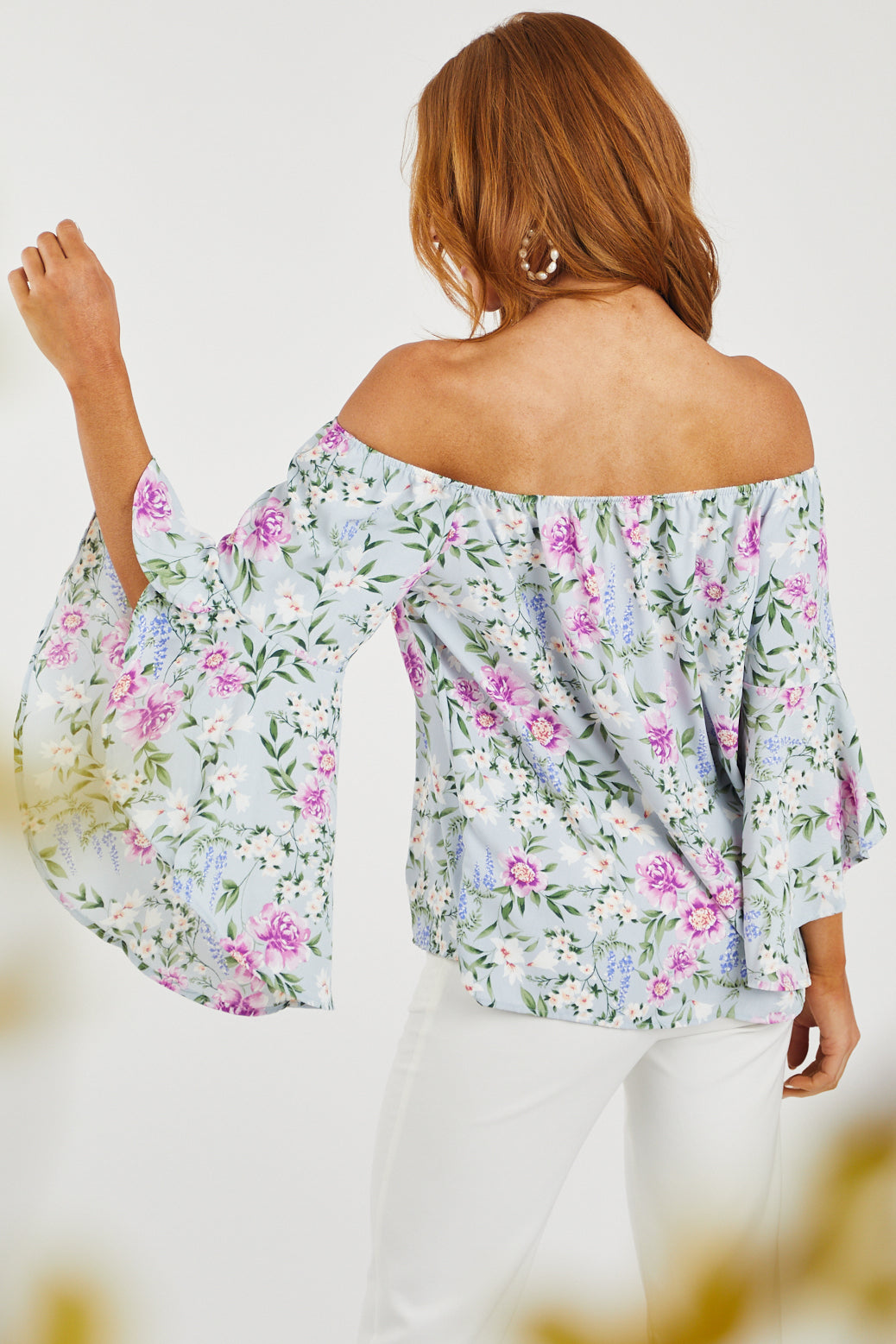 Sky Blue Floral Off Shoulder Angel Sleeve Top