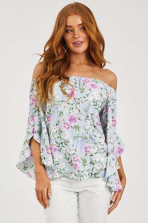 Sky Blue Floral Off Shoulder Angel Sleeve Top