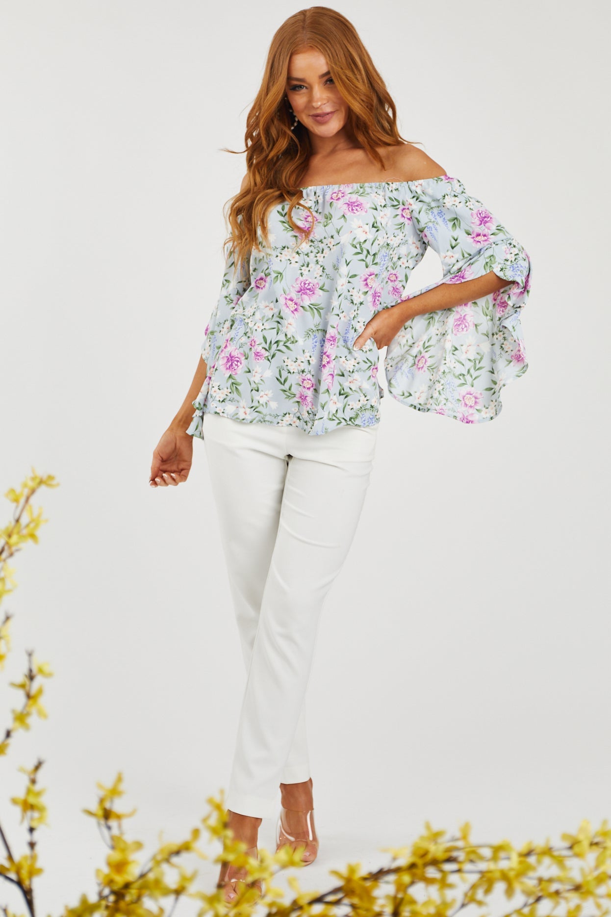 Sky Blue Floral Off Shoulder Angel Sleeve Top