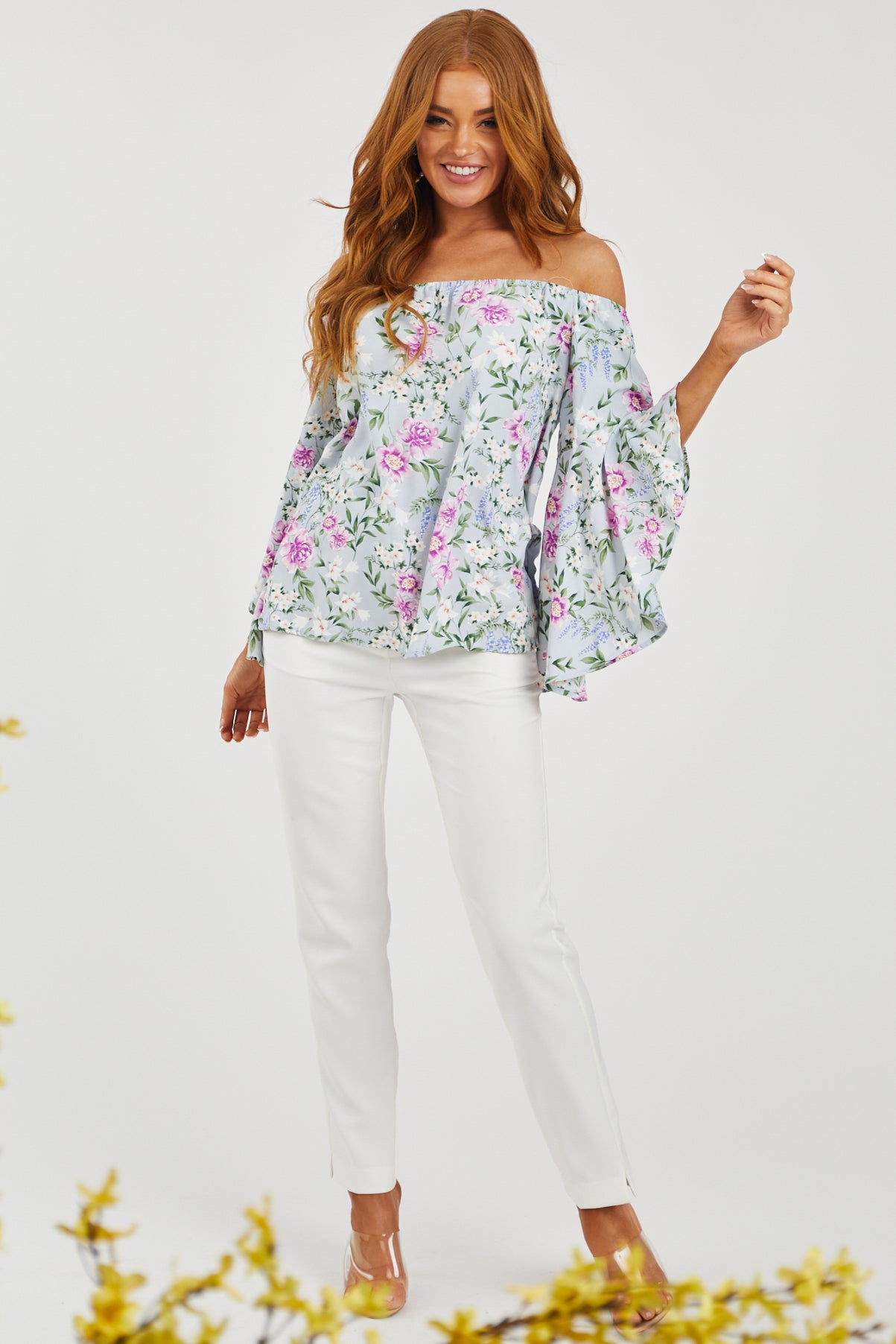 Sky Blue Floral Off Shoulder Angel Sleeve Top