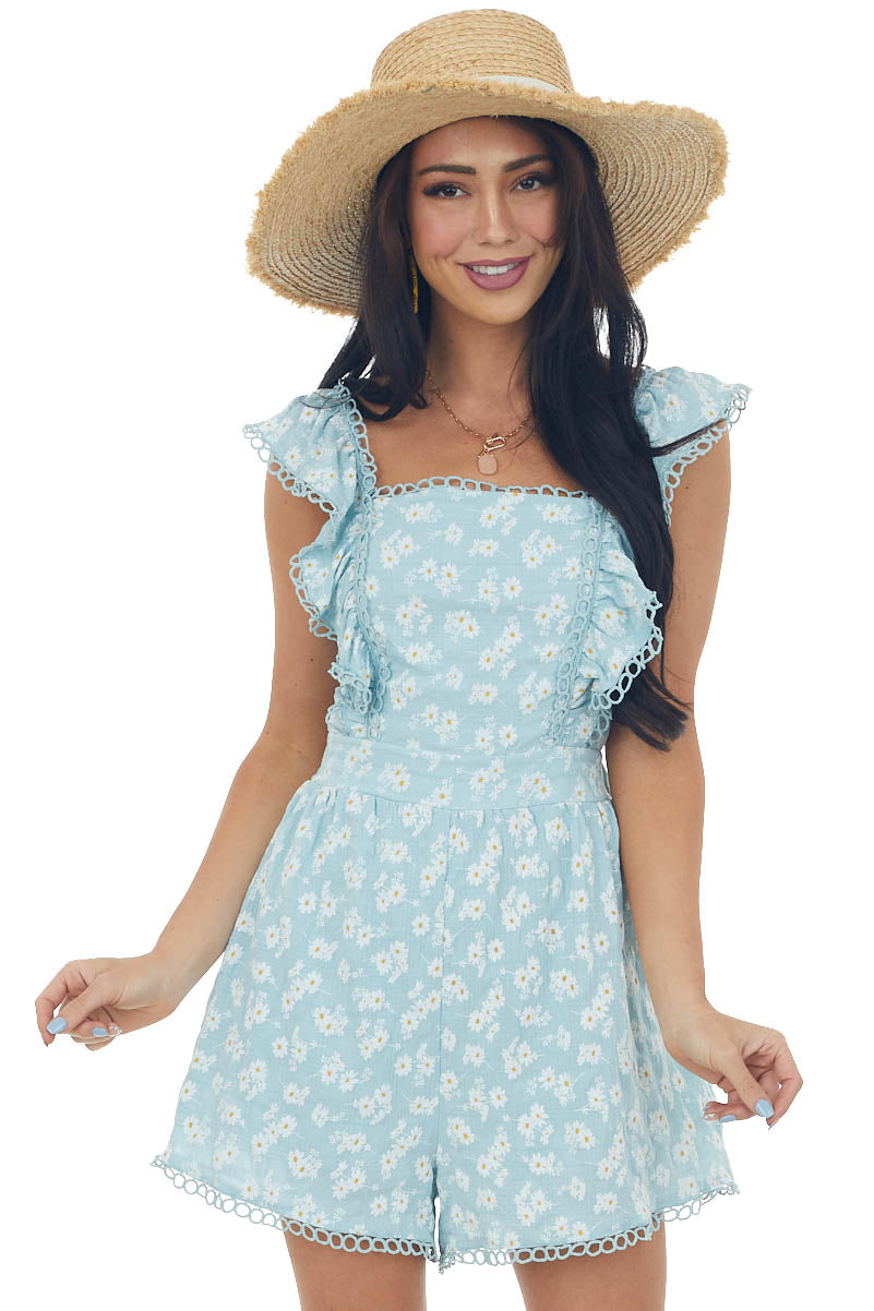 Sky Blue Floral Open Back Lace Trim Romper