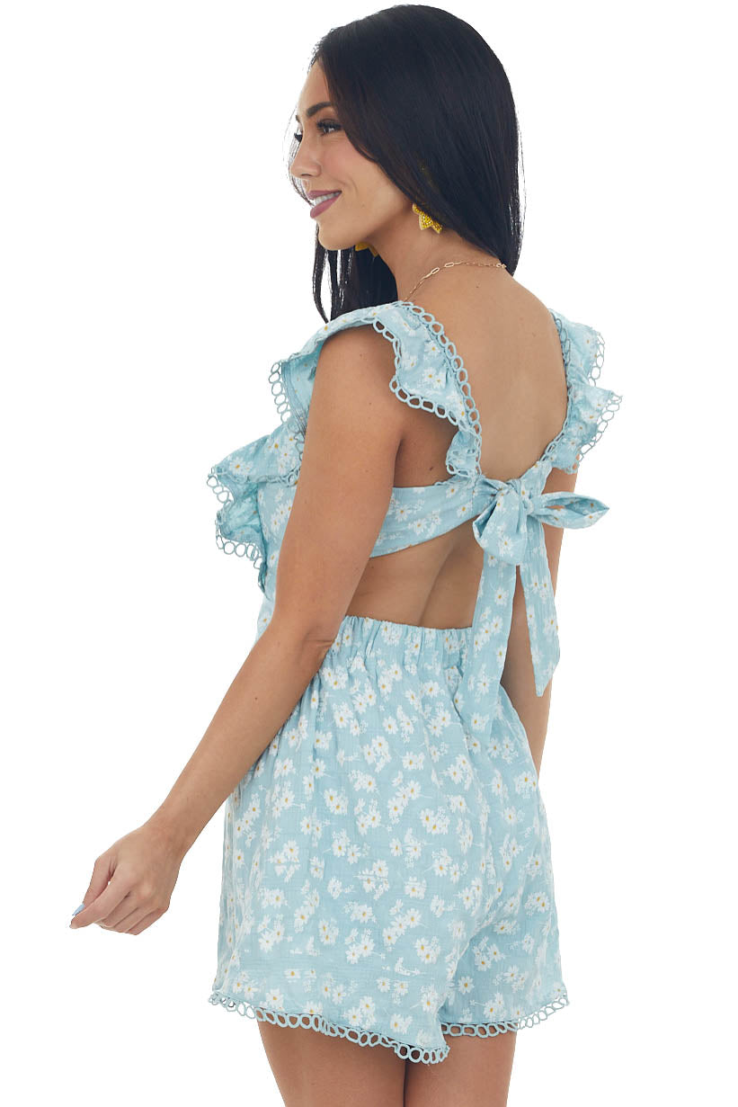 Sky Blue Floral Open Back Lace Trim Romper