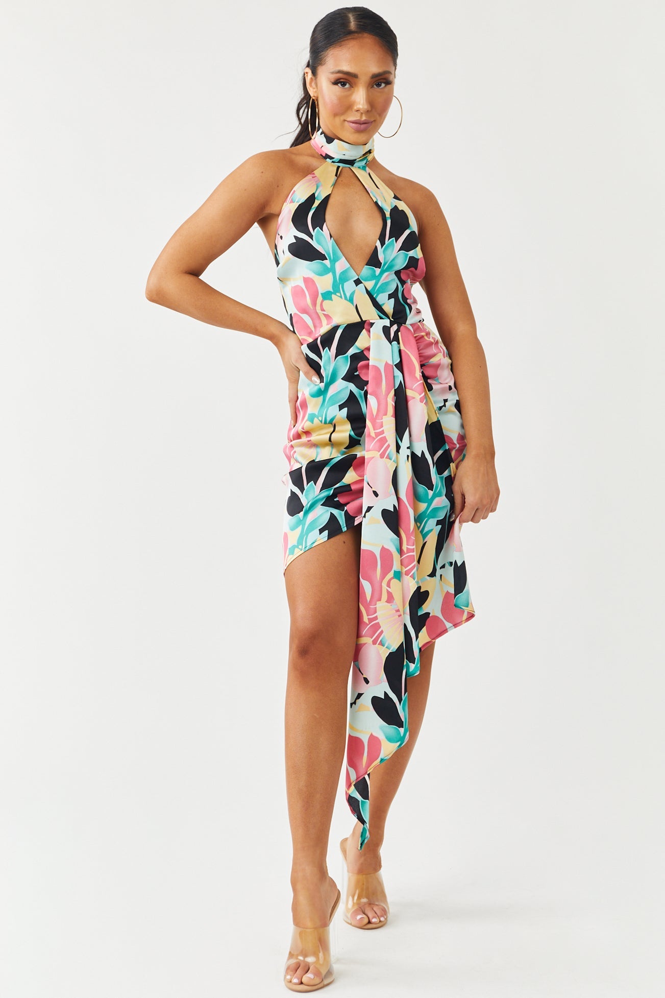 Sky Blue Tropical Floral Print Halter Neck Satin Mini Dress