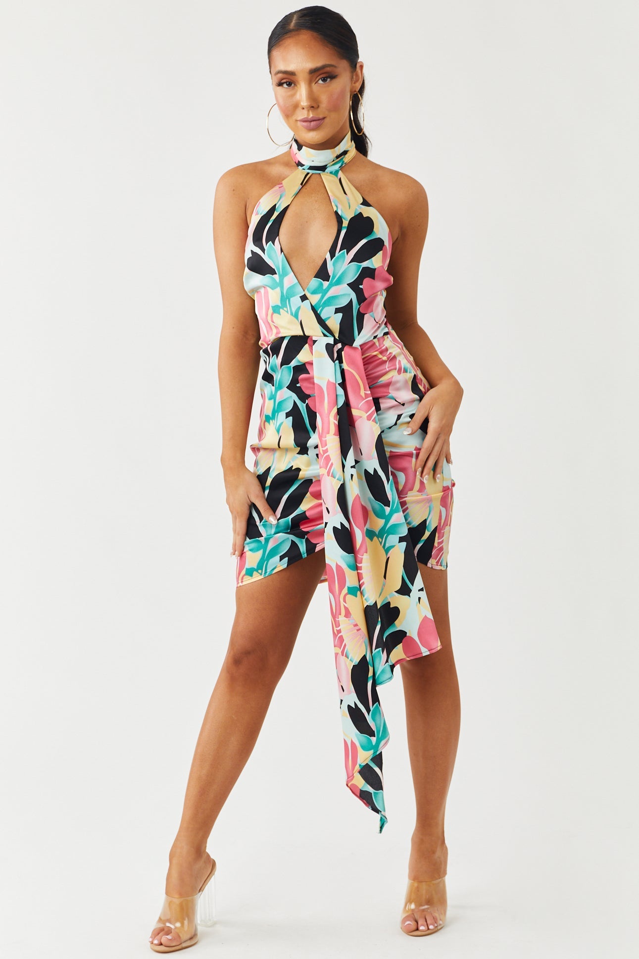 Sky Blue Tropical Floral Print Halter Neck Satin Mini Dress