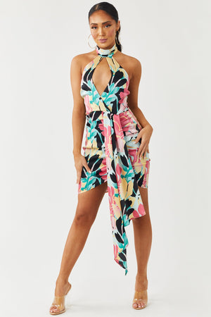 Sky Blue Tropical Floral Print Halter Neck Satin Mini Dress