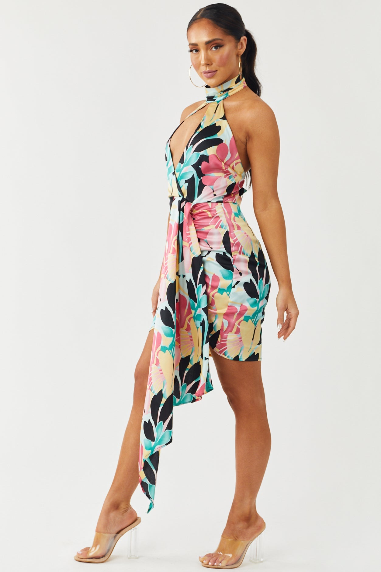 Sky Blue Tropical Floral Print Halter Neck Satin Mini Dress
