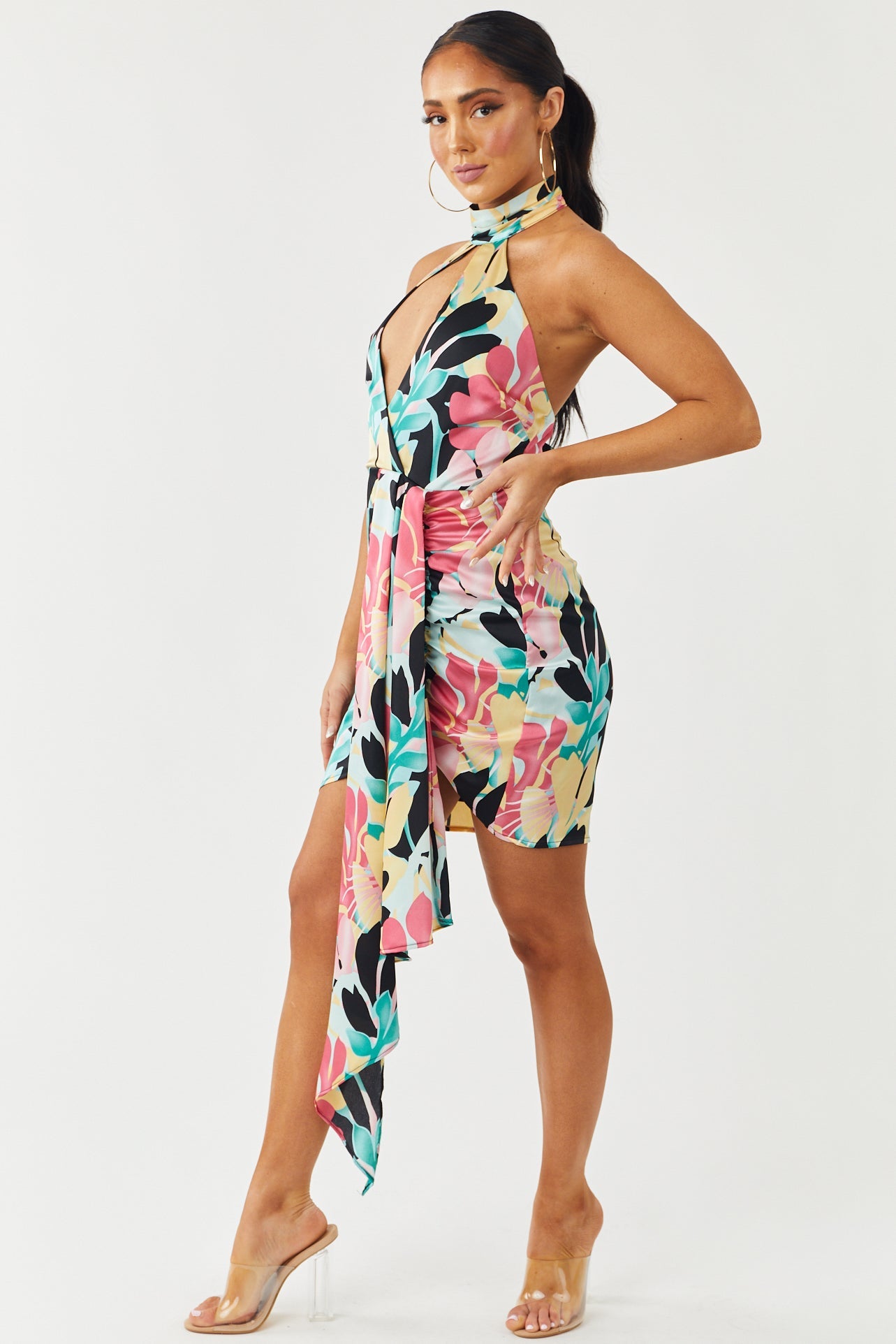 Sky Blue Tropical Floral Print Halter Neck Satin Mini Dress