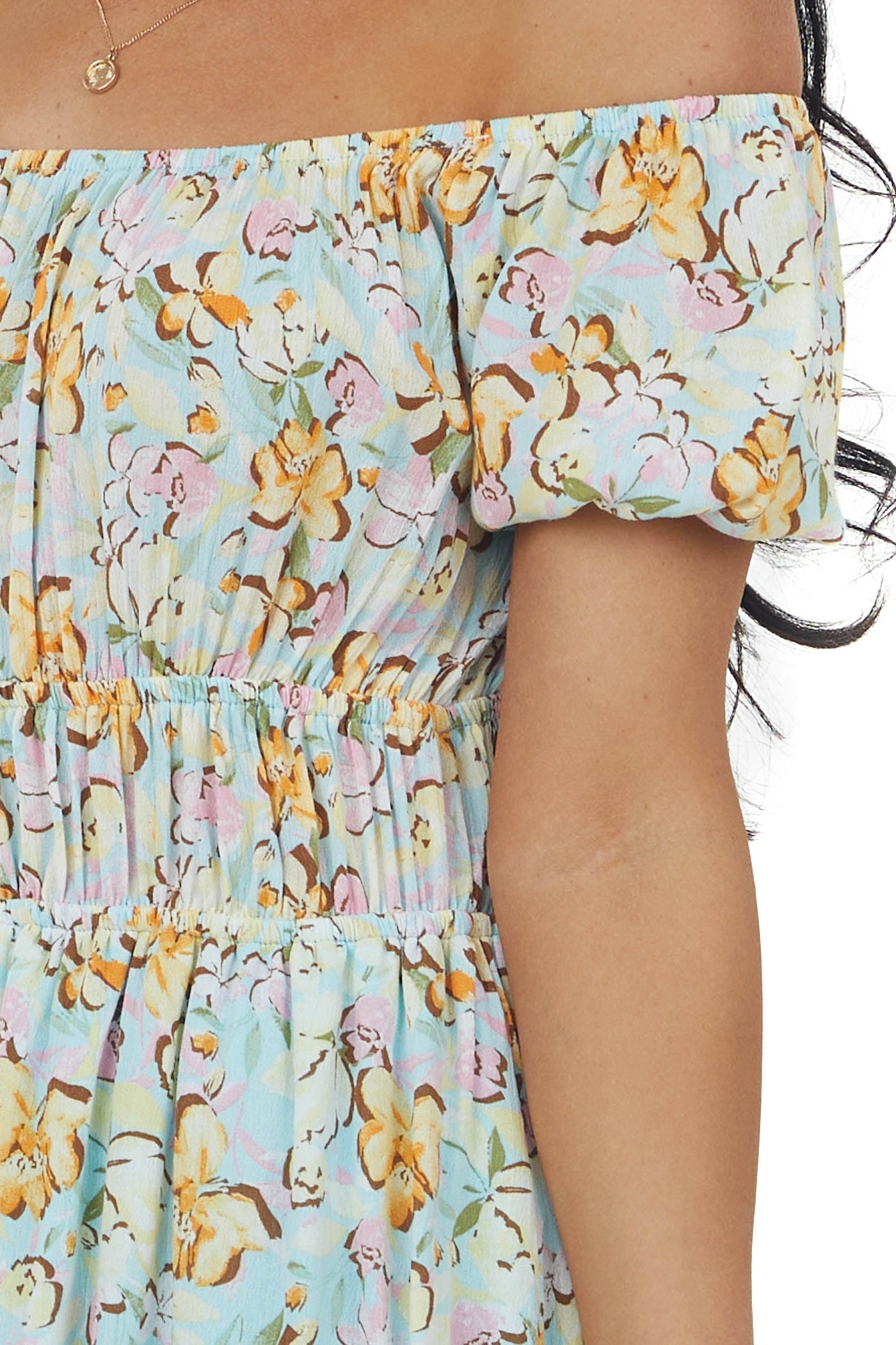 Sky Blue Floral Print Puff Sleeve Mini Dress