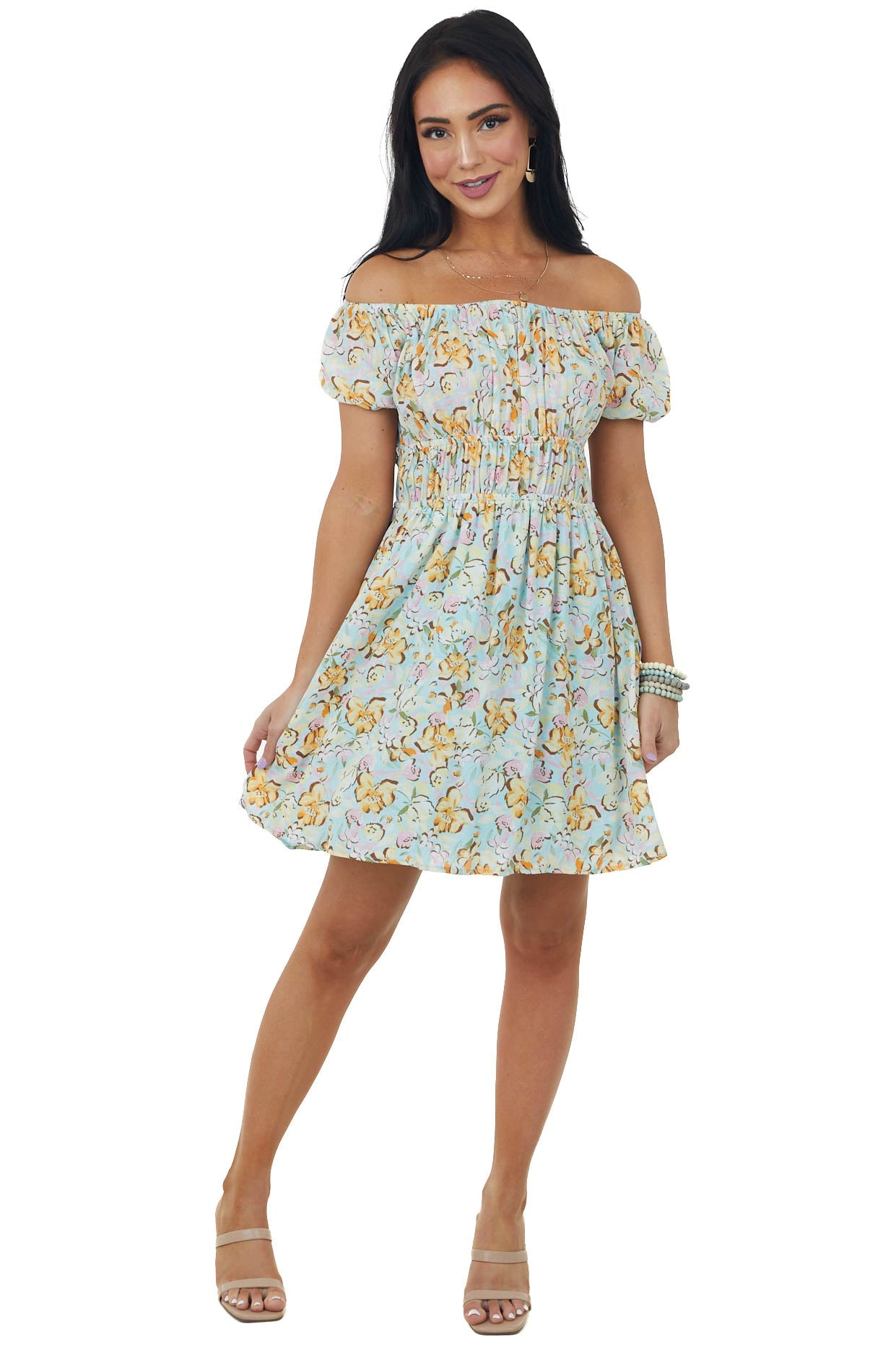 Sky Blue Floral Print Puff Sleeve Mini Dress