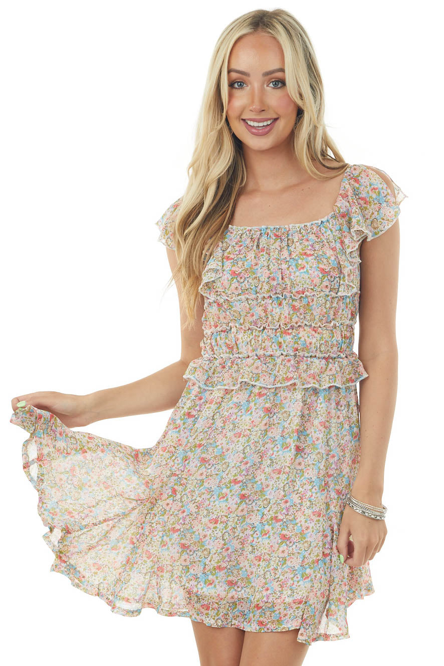 Sky Blue Floral Print Short Ruffle Sleeve Dress