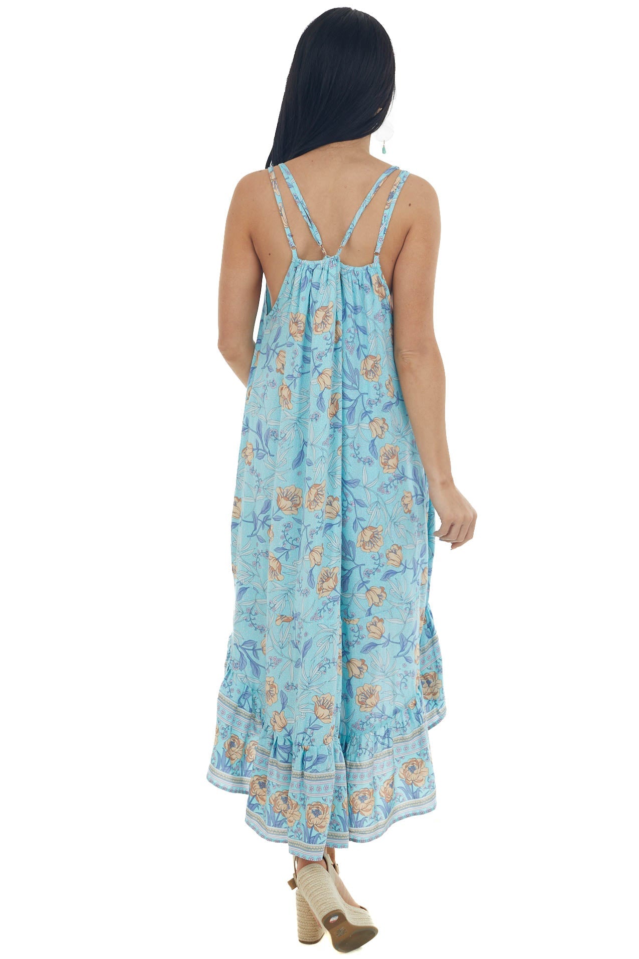 Sky Blue Floral Print Sleeveless High Low Dress